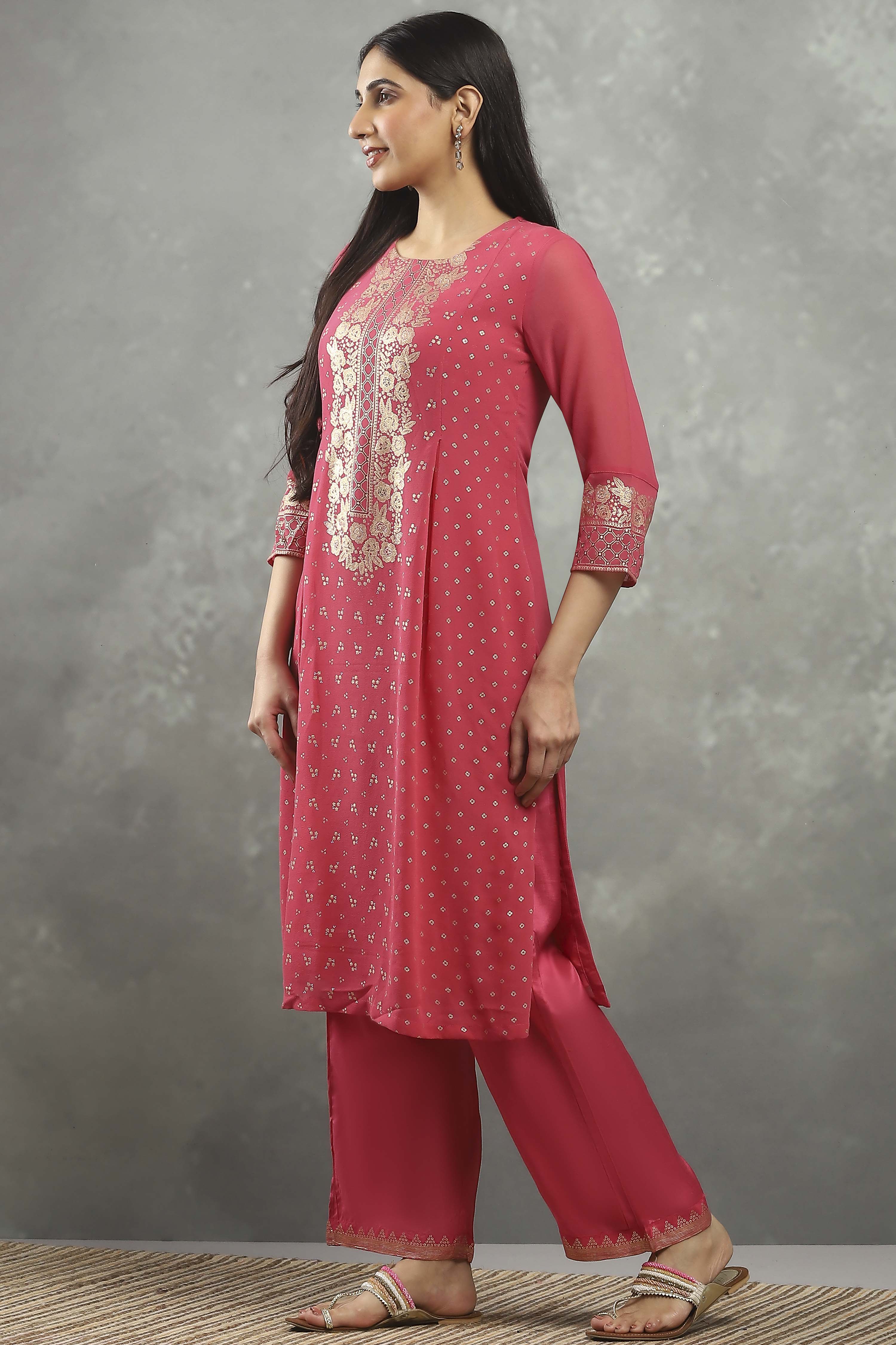 Pink Viscose Straight Kurta Pants Set image number 3