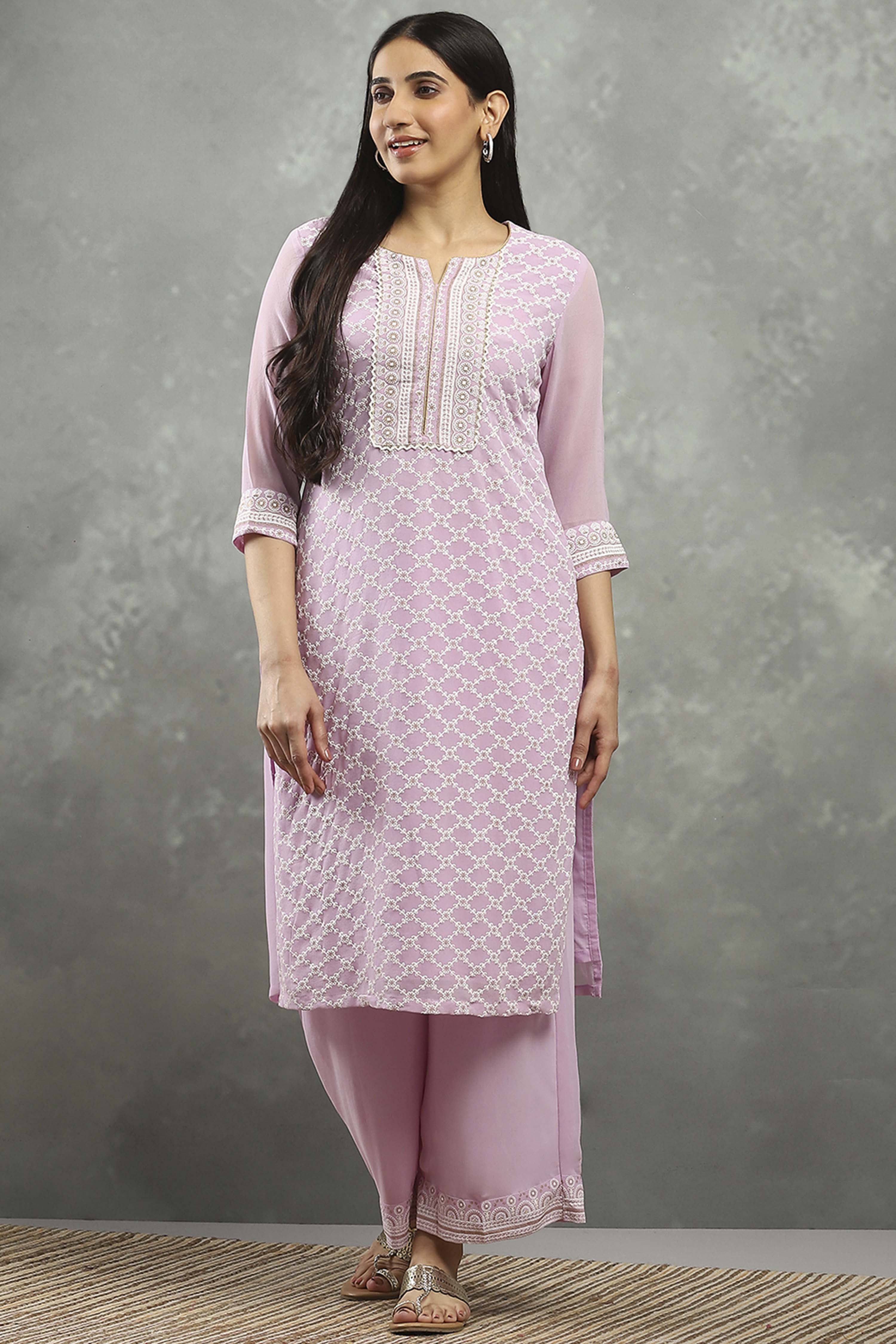 Mauve Polyester Straight Kurta Pants Set image number 6