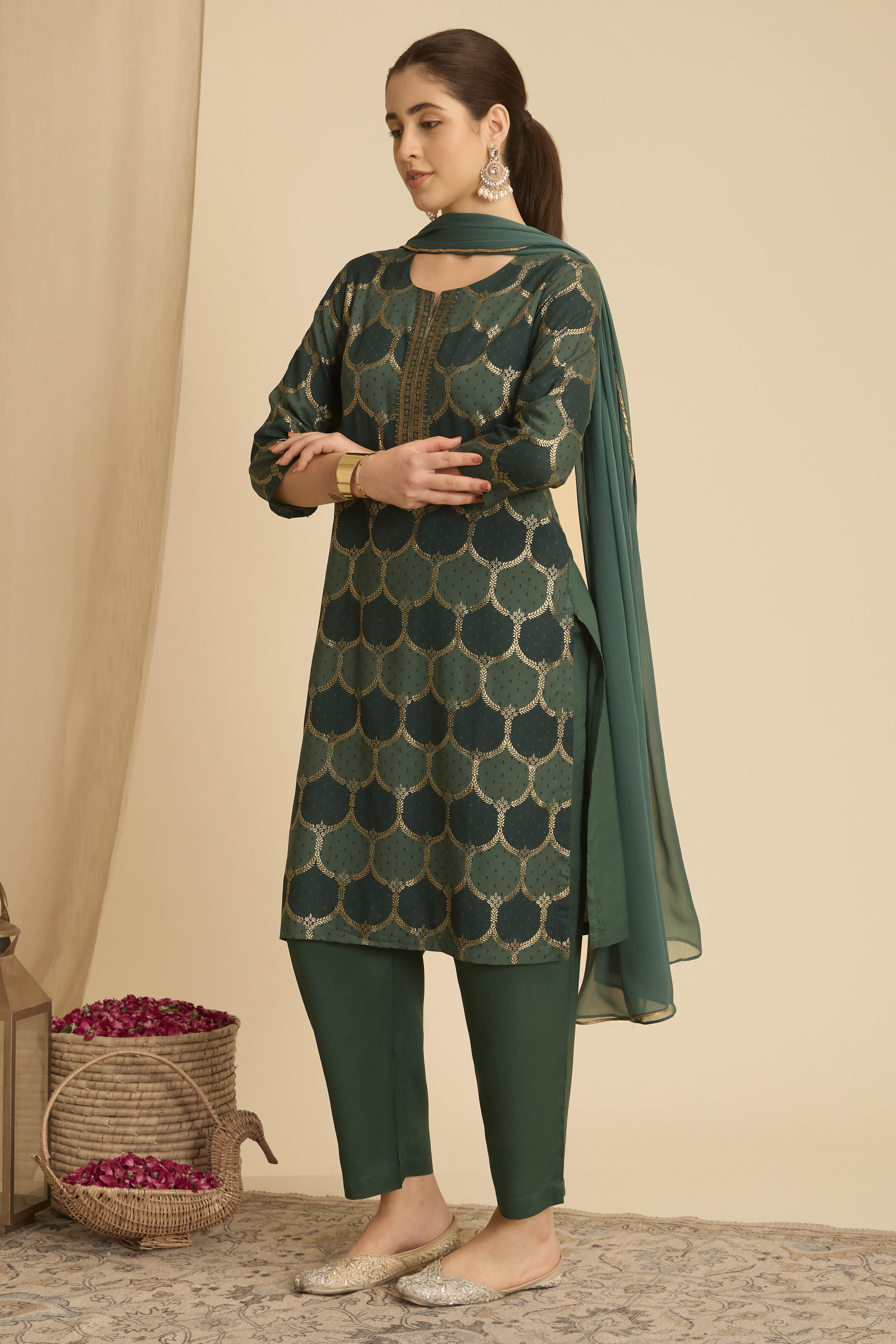 Purple Viscose Rayon Straight Printed Suit Set image number 3