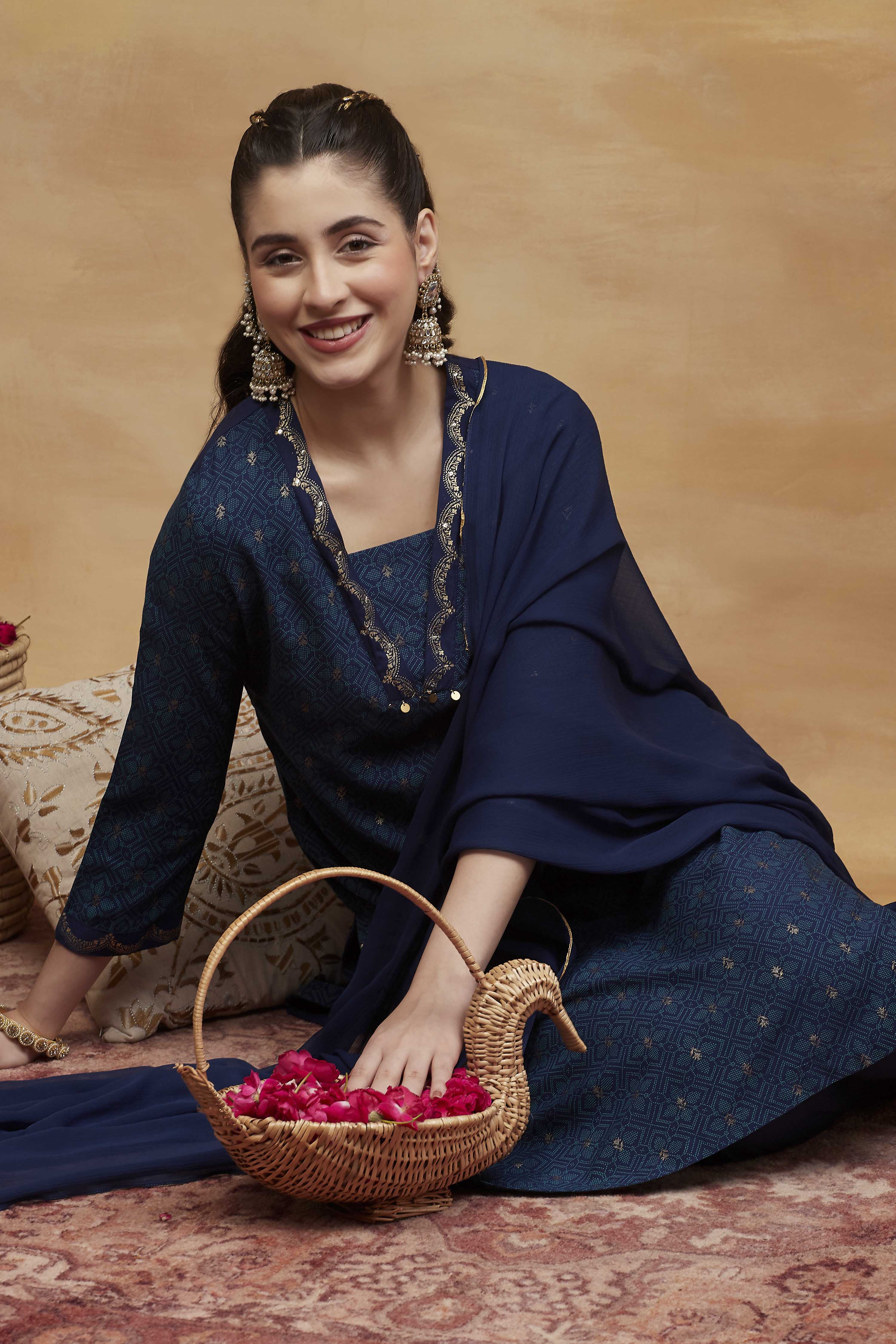 Blue Viscose Rayon Straight Printed Suit Set image number 0