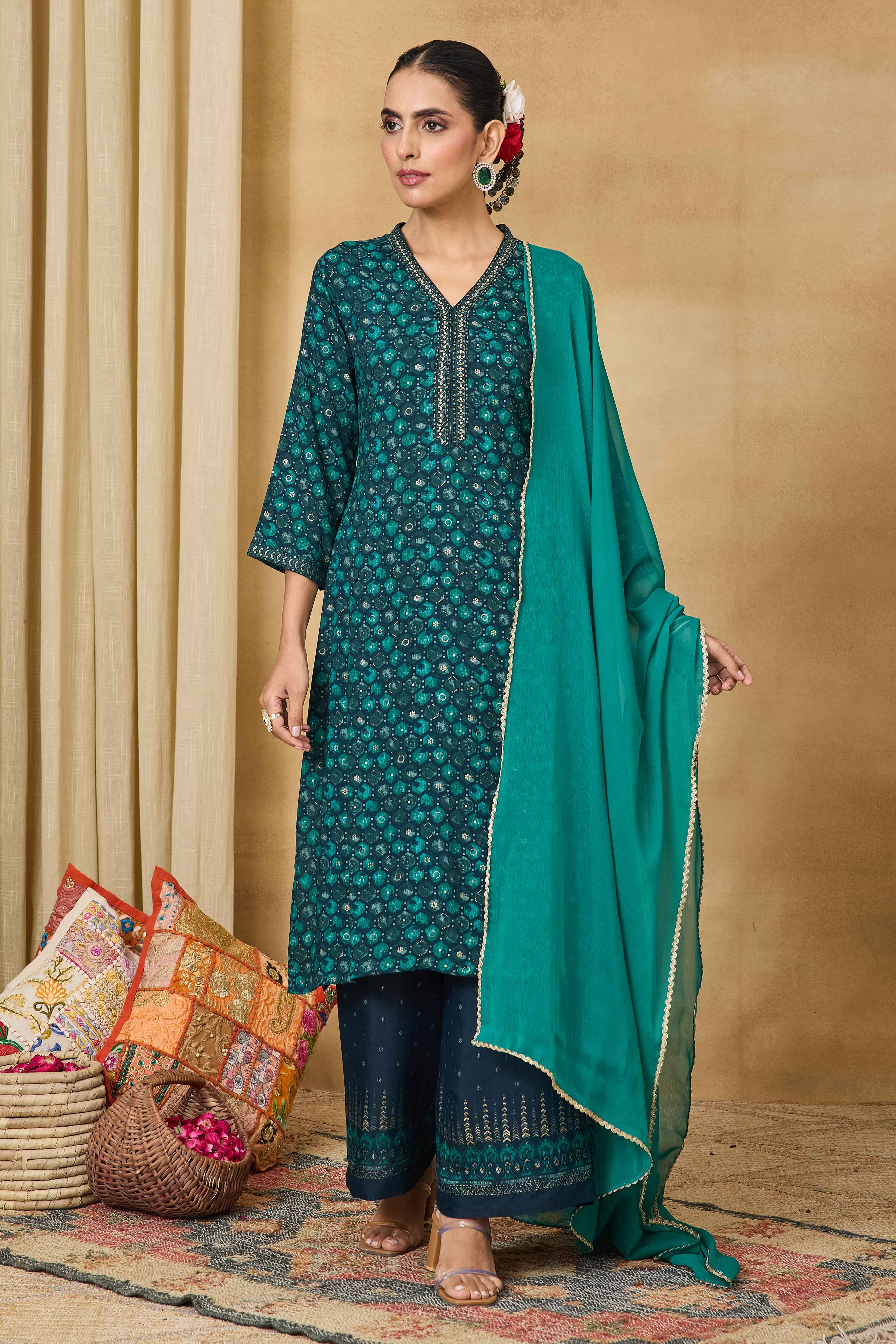 Teal Viscose Blend Straight Printed Suit Set image number 7