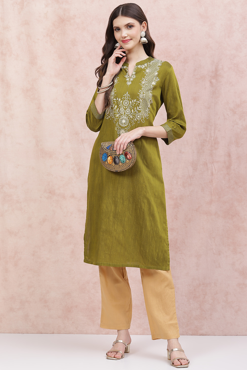Green Art Silk Straight Kurta image number 5