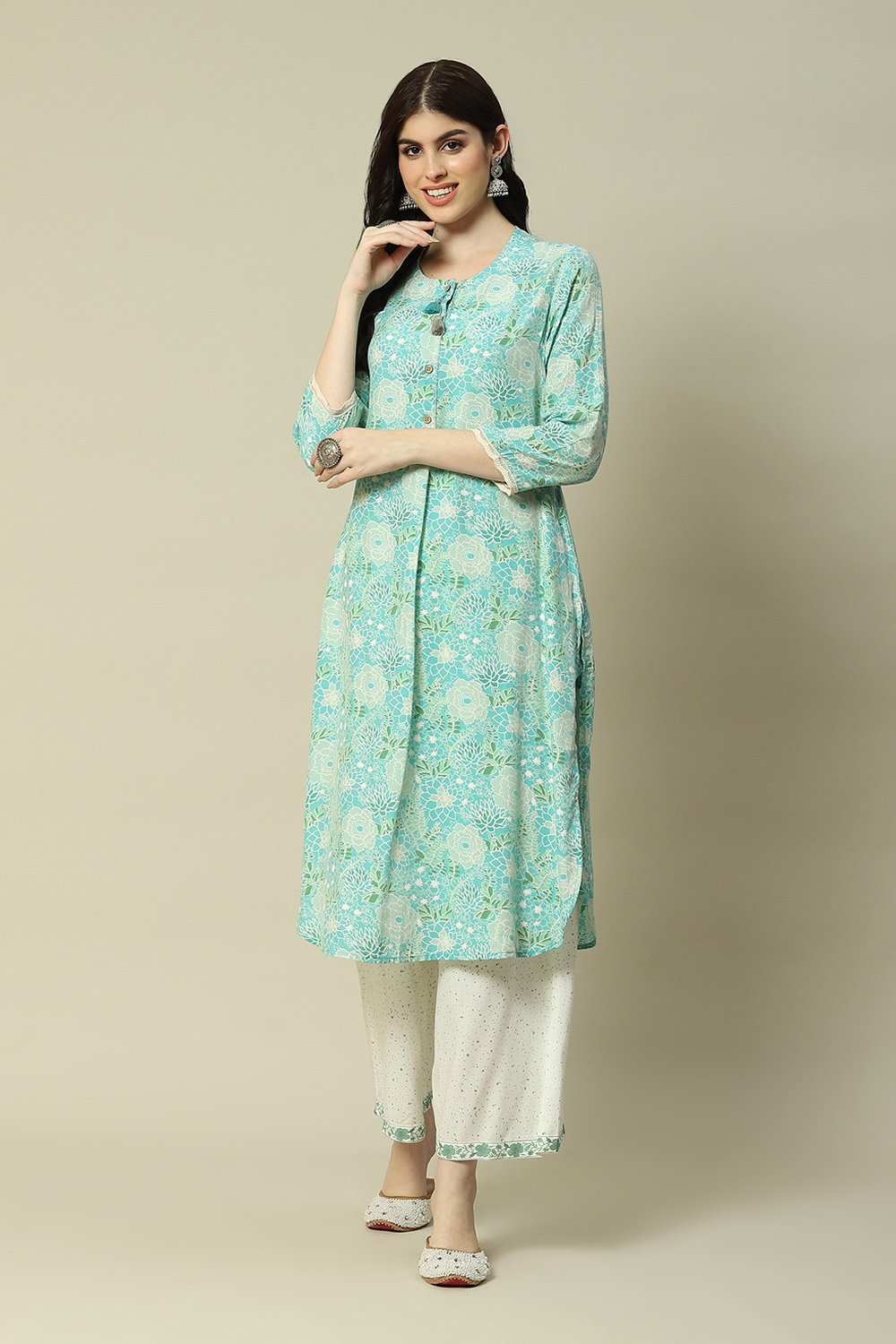 Mint Green Viscose Straight Printed Kurta image number 0