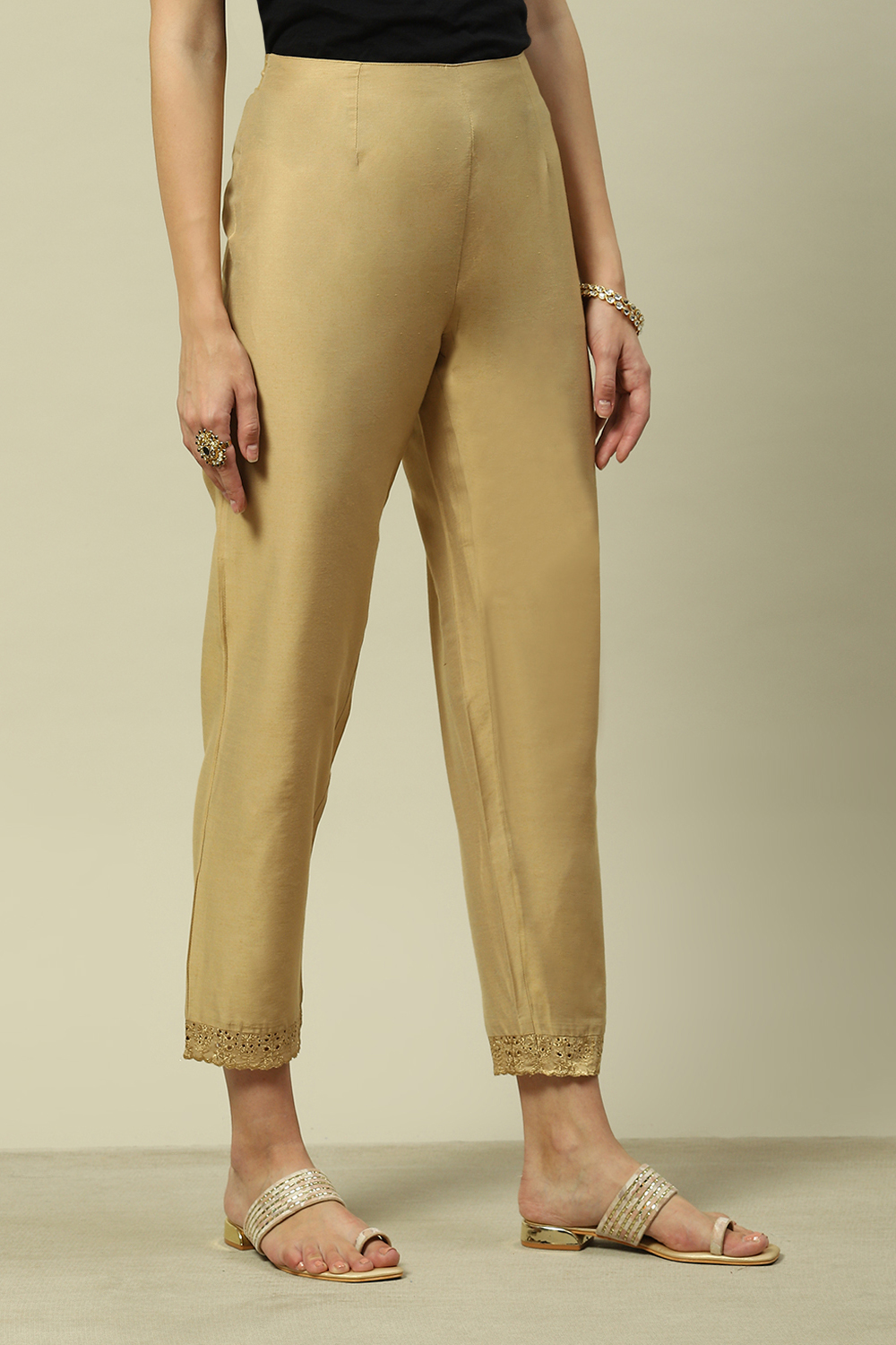 Gold Viscose Slim Yarndyed Slim Pants image number 3