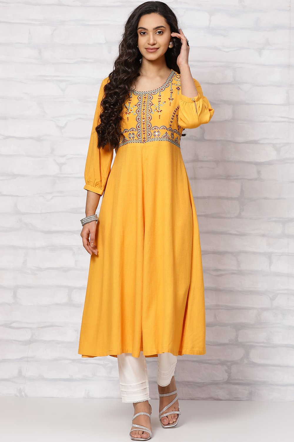 Mustard LIVA Flared  Kurta Dress image number 0