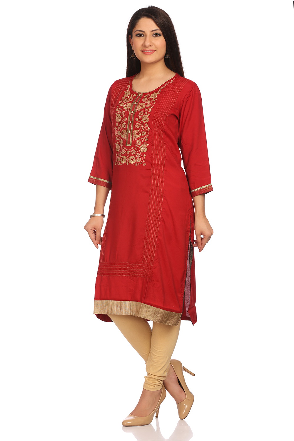 Red Cotton Straight Kurta image number 2
