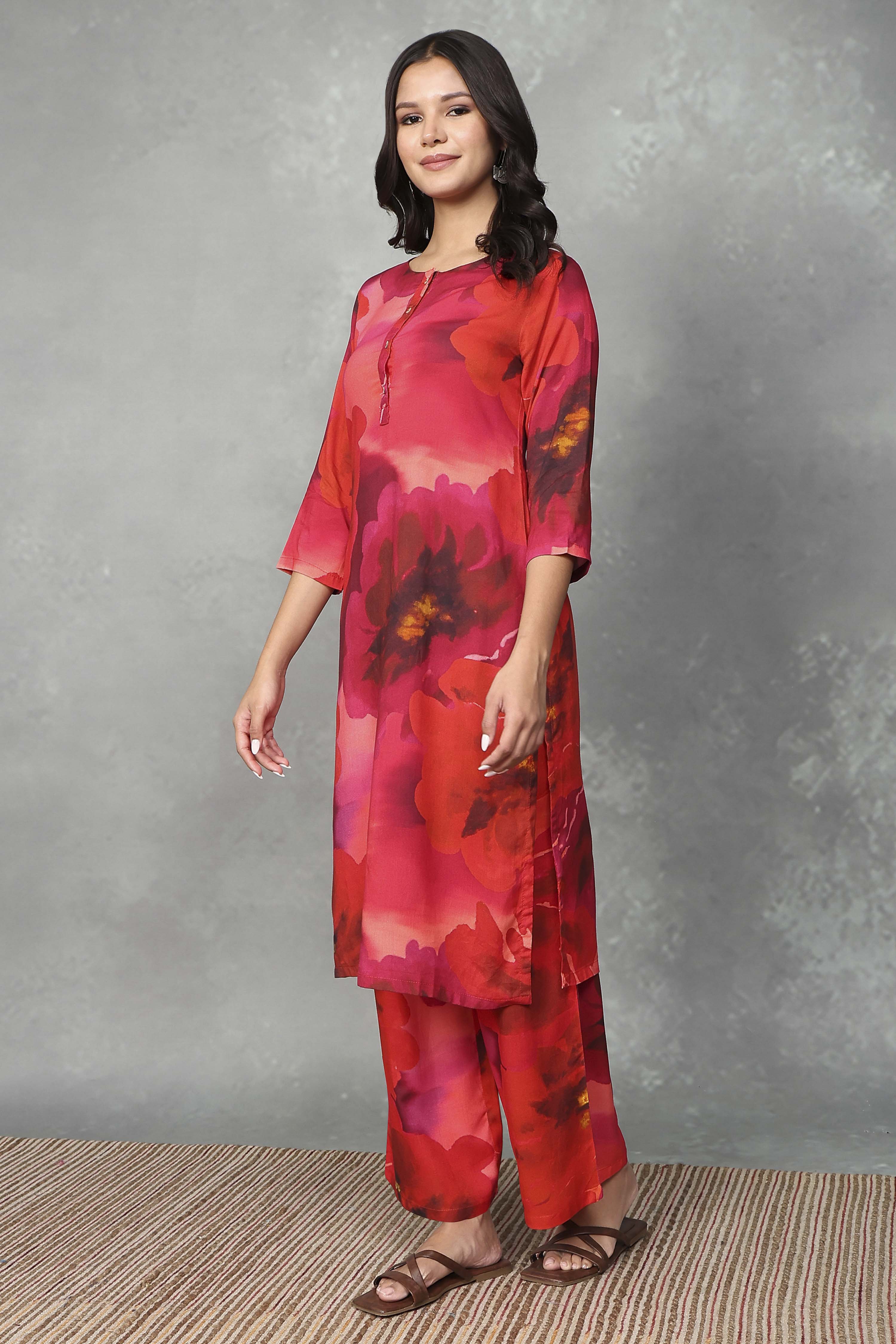 Red Floral Printed Co-ord Set image number 3