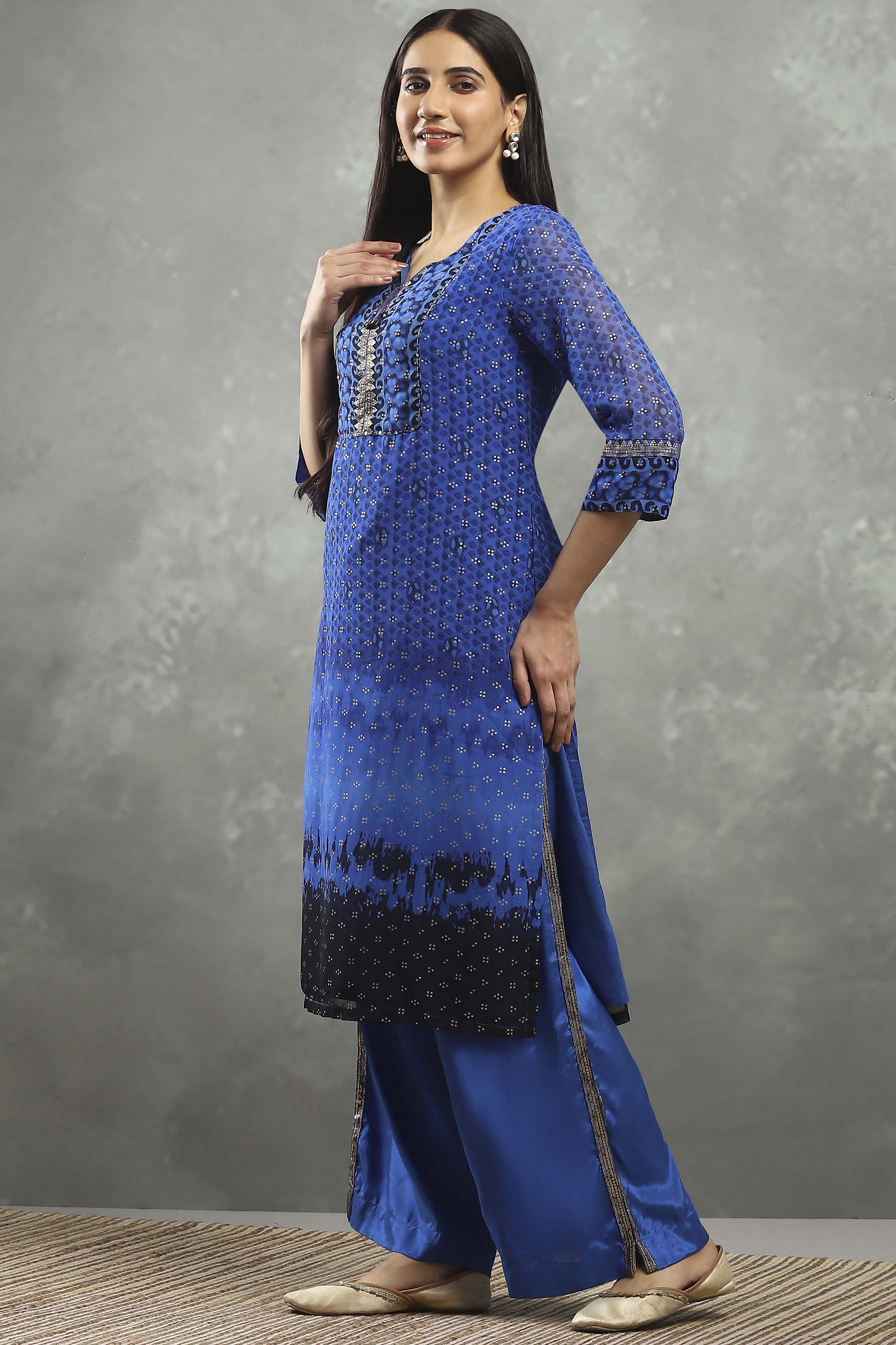 Blue Polyester Straight Kurta Pants Set image number 3