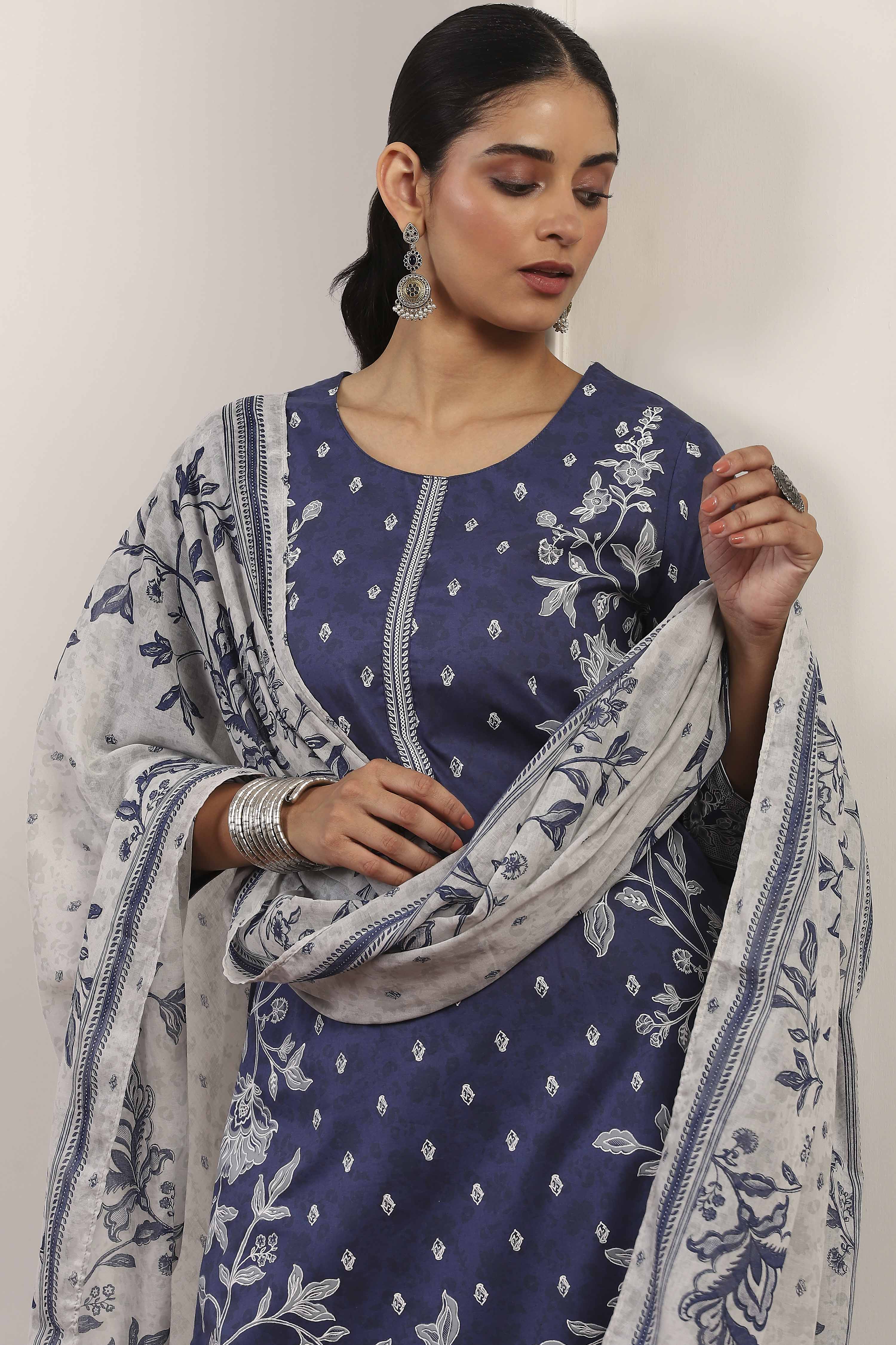 Blue Cotton Straight Suit Sets image number 7