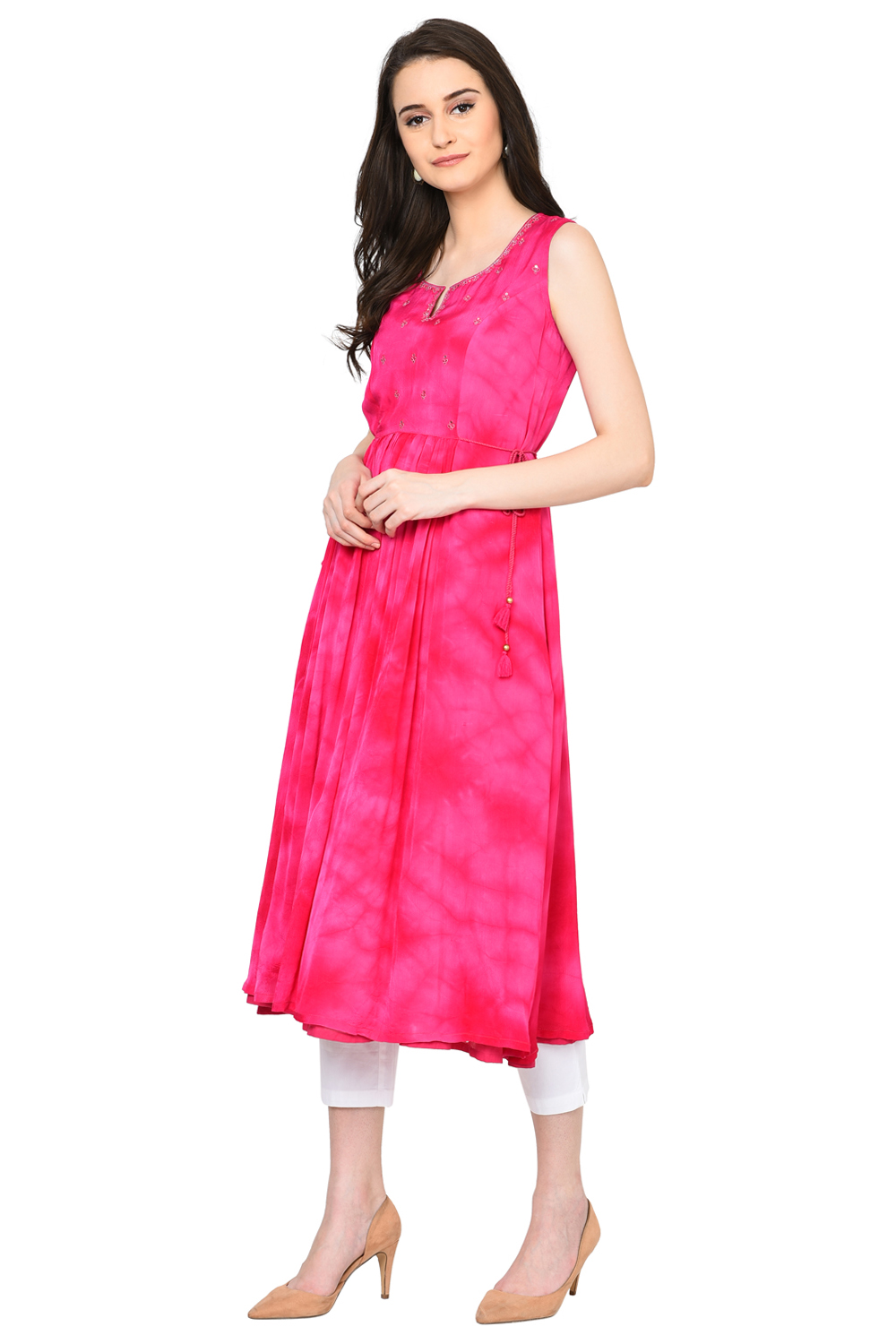 Pink Flared Viscose Kurta image number 3