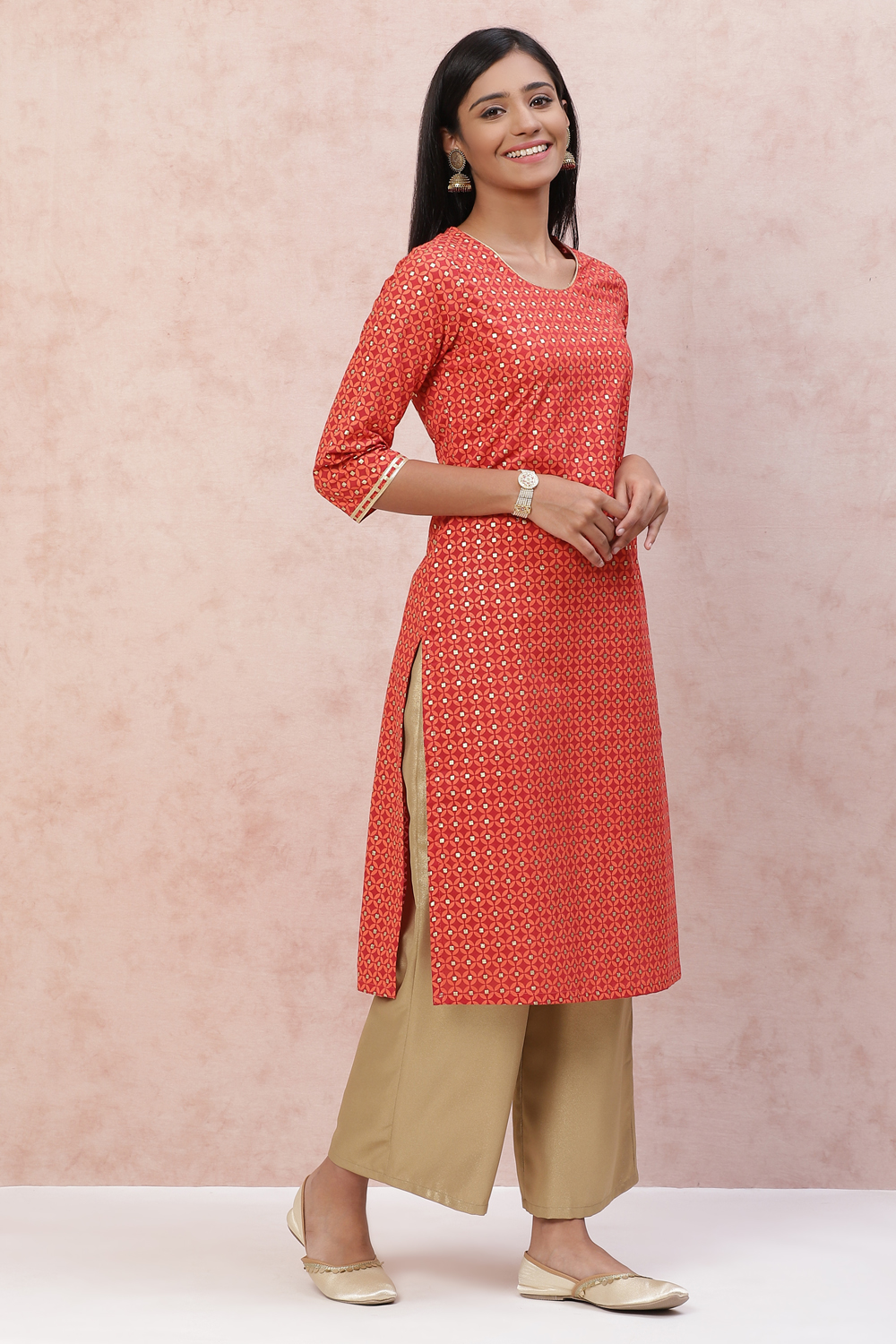 Red Cambric Cotton Straight Kurta image number 2