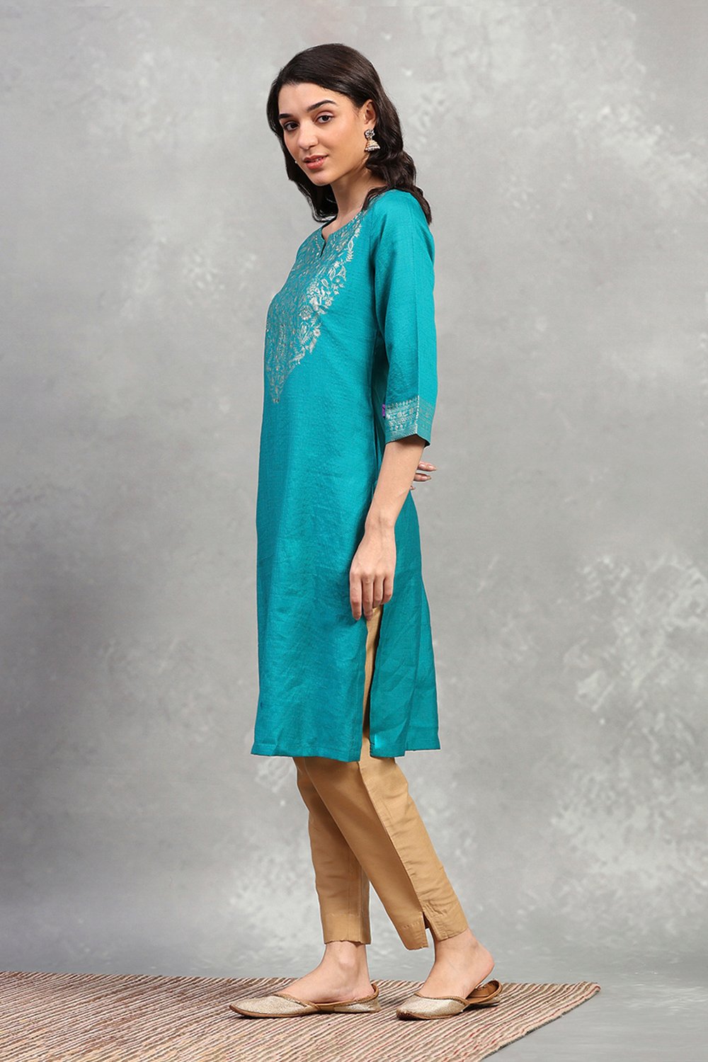 Teal Viscose Blend Solid Straight Kurta image number 2