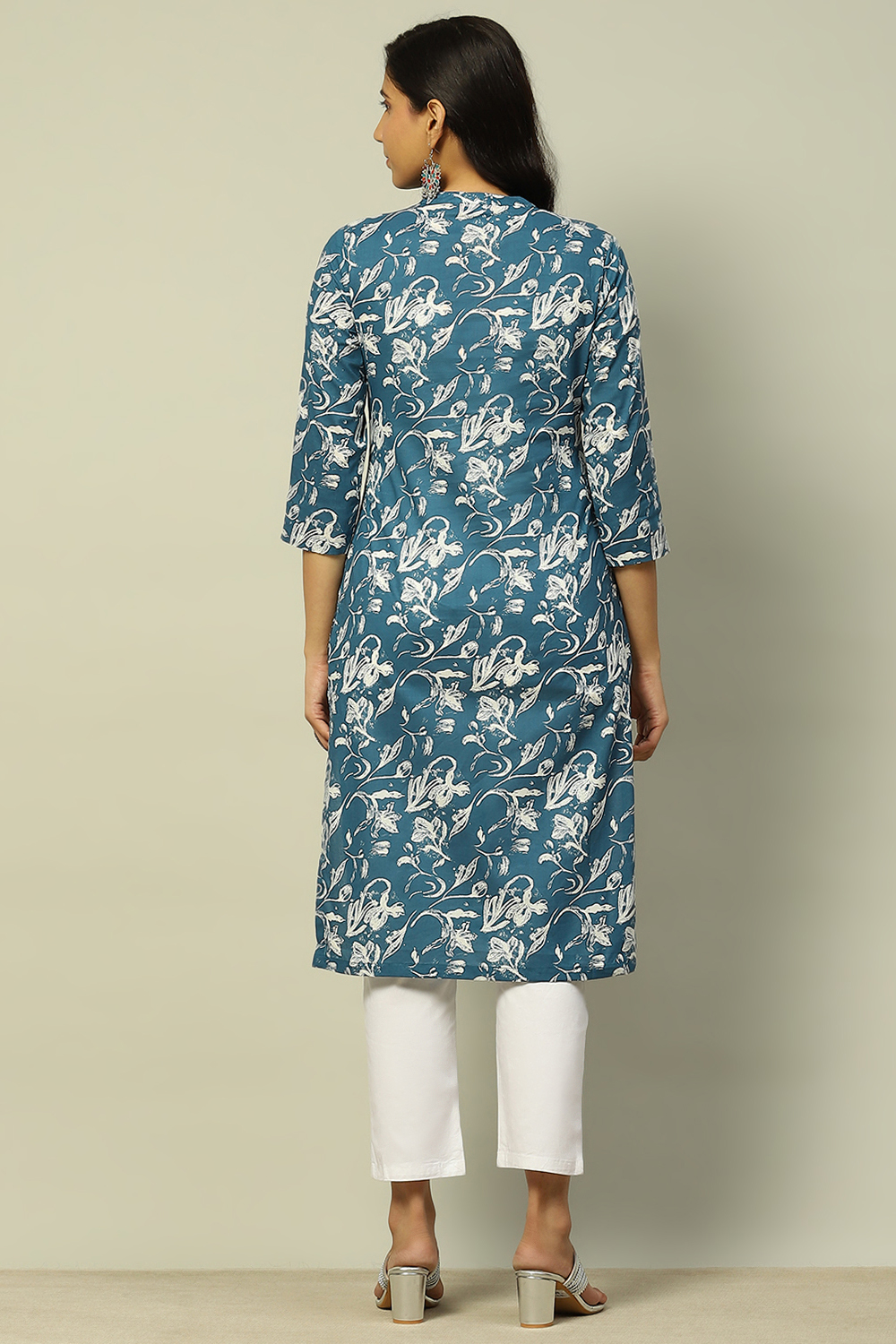 Blue Cotton Floral Printed Straight Kurta image number 3