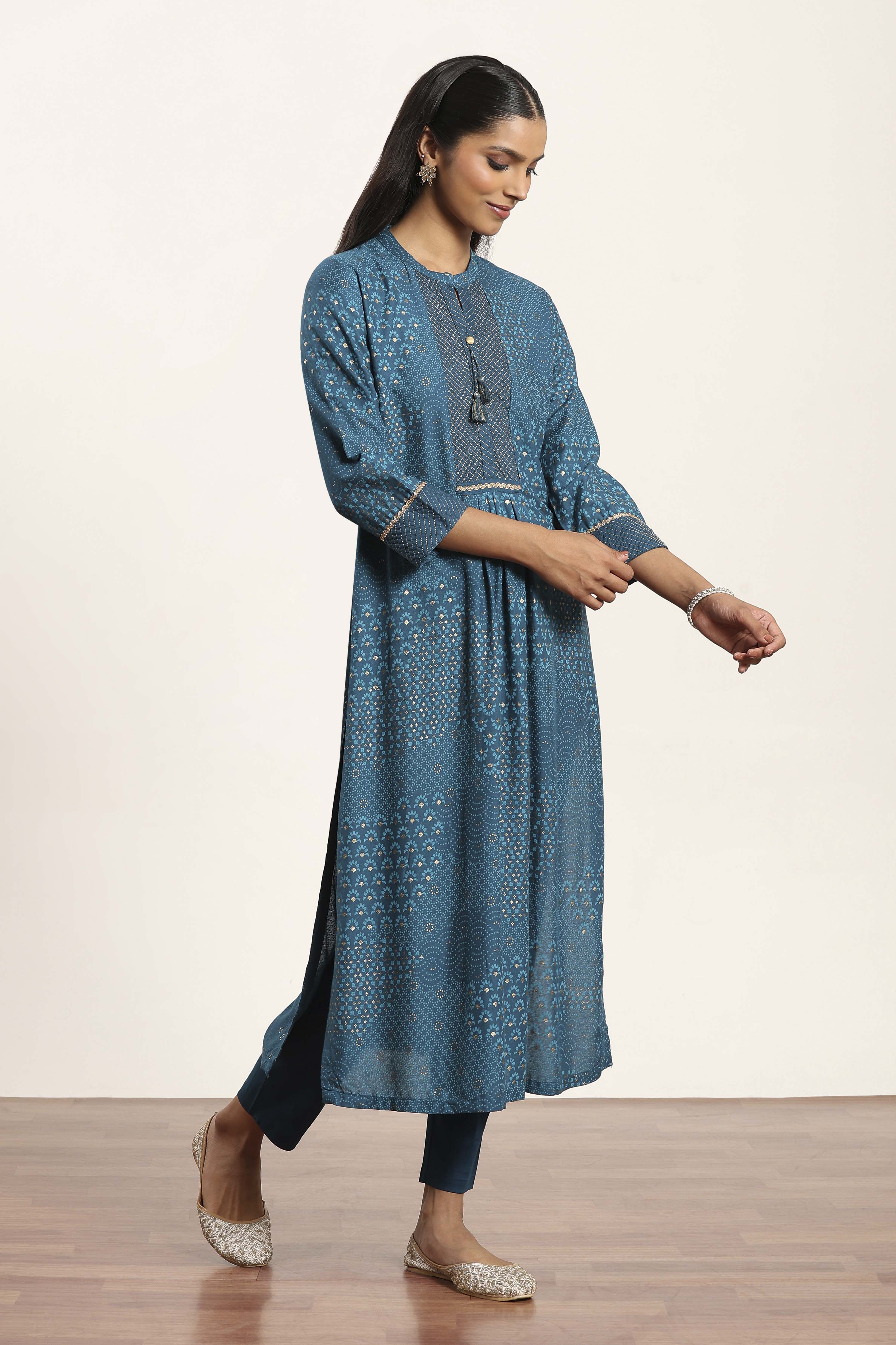 Teal Blue Viscose Rayon Straight Kurta Pants Set image number 5