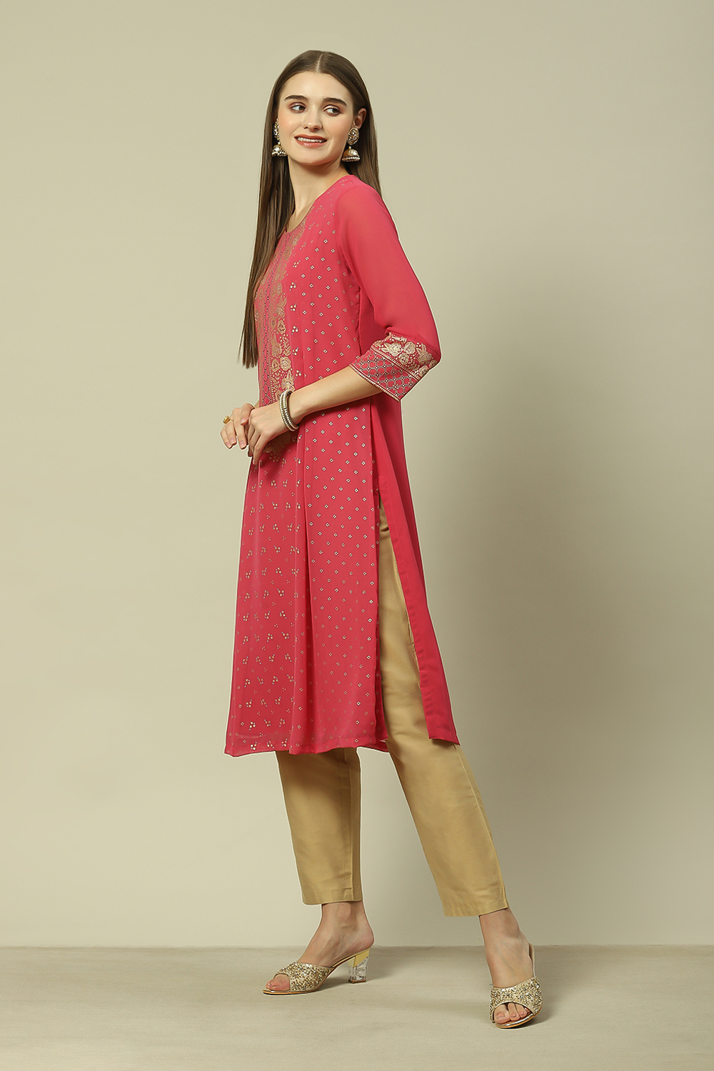 Pink Polyester Straight Printed Kurta image number 2