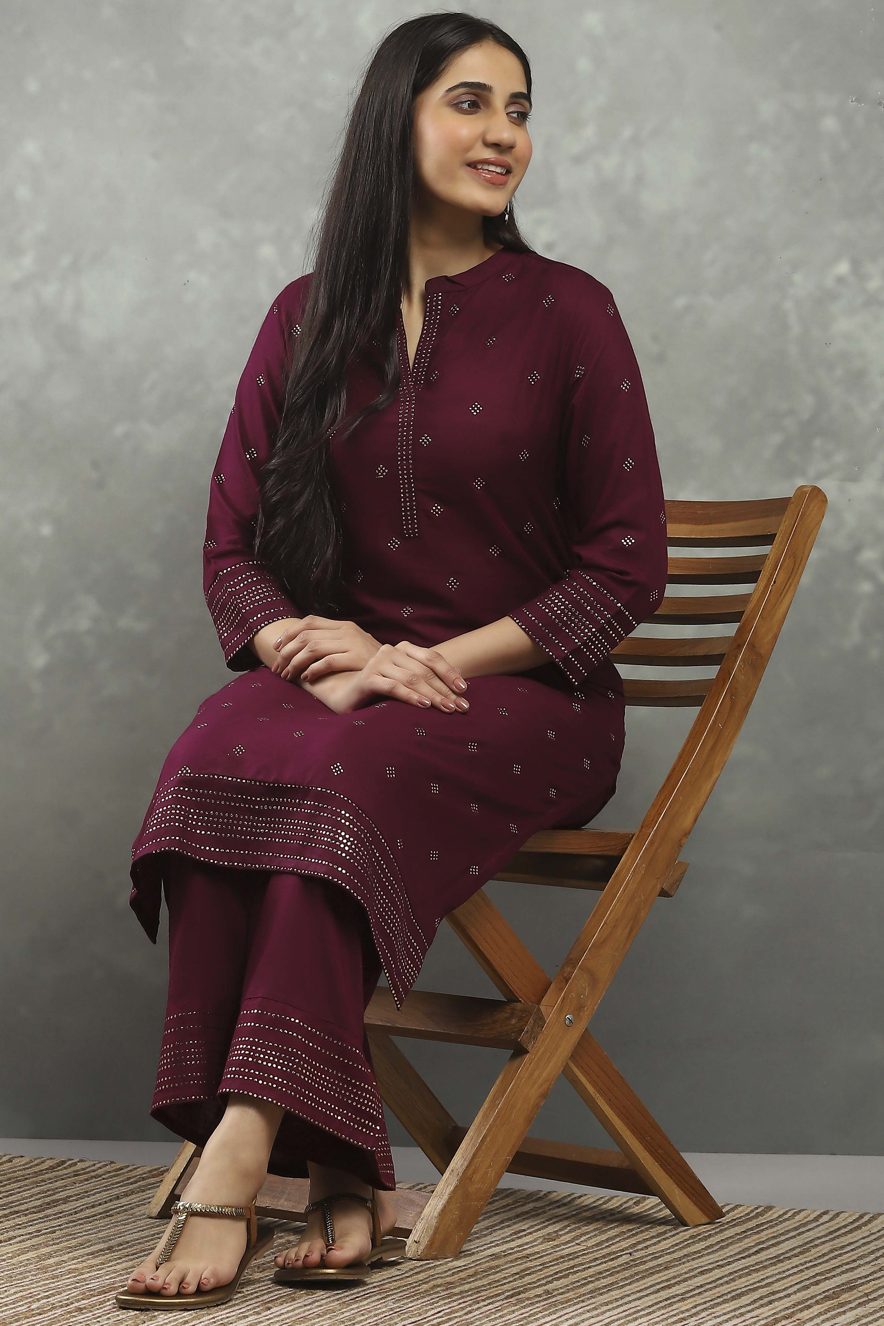 Purple Viscose Straight Kurta Pants Set image number 0