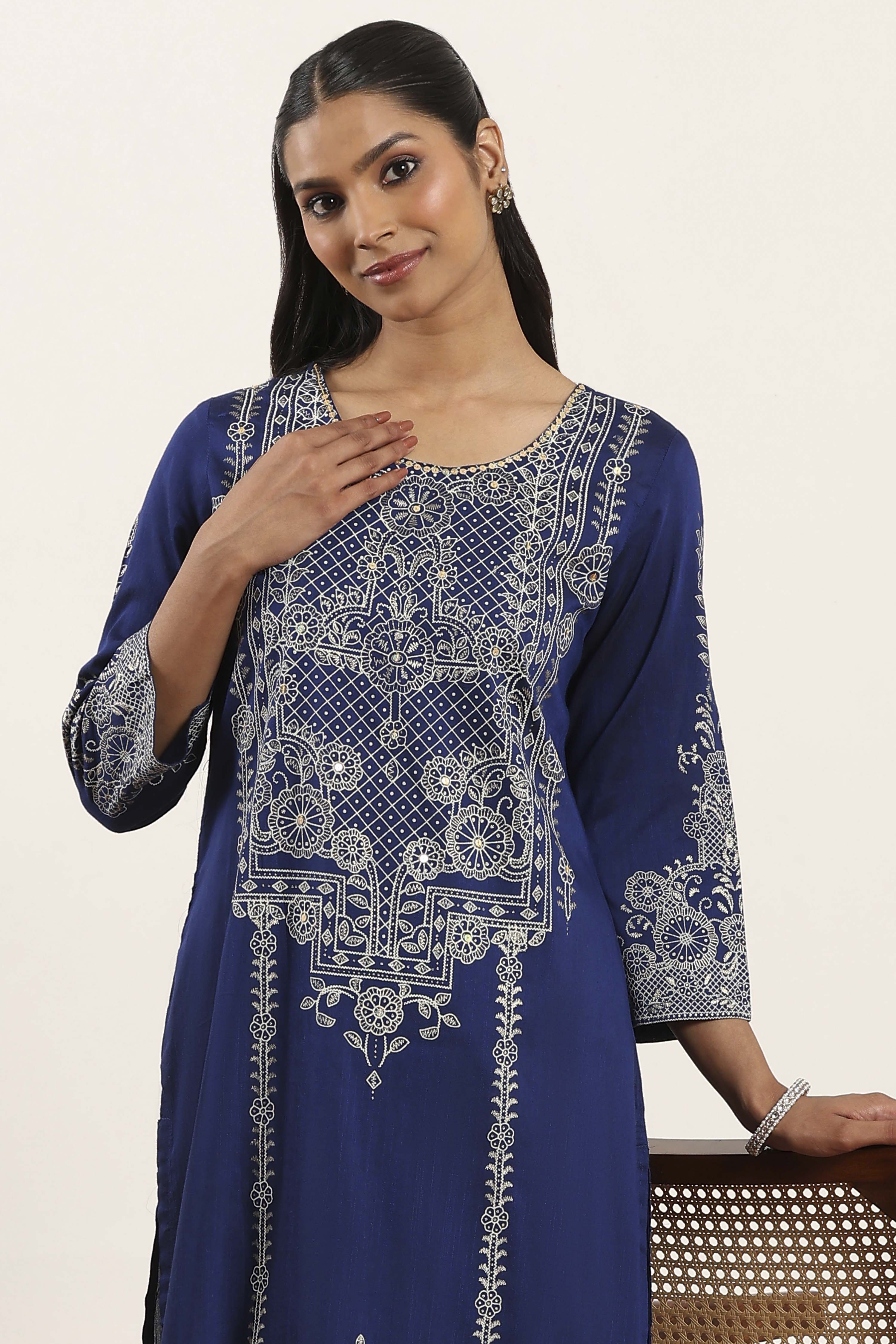 Blue Polyester Straight Kurta Pants Set image number 7