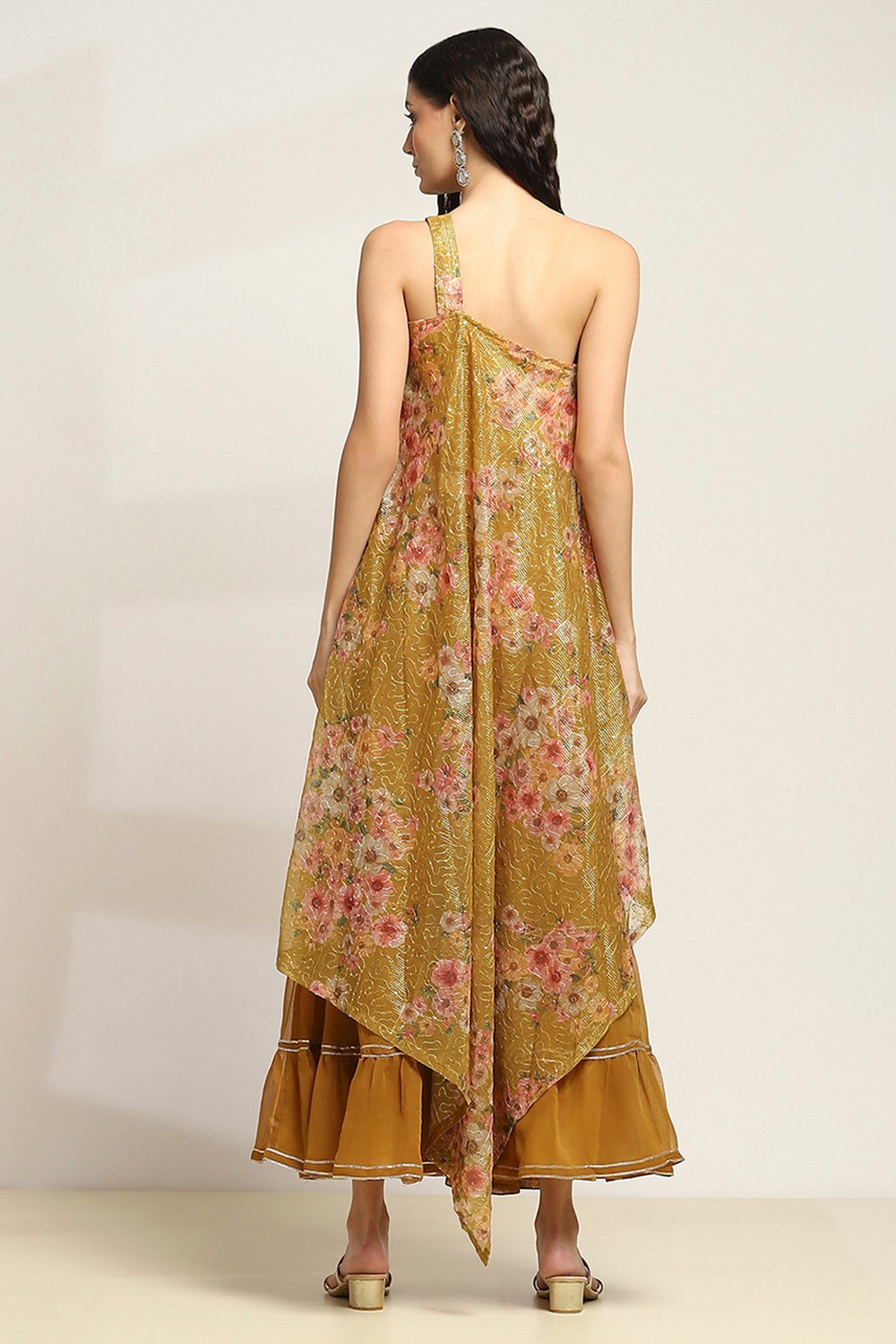 Yellow Poly Georgette Asymmetric Printed Kurta Sharara Suit Set image number 4