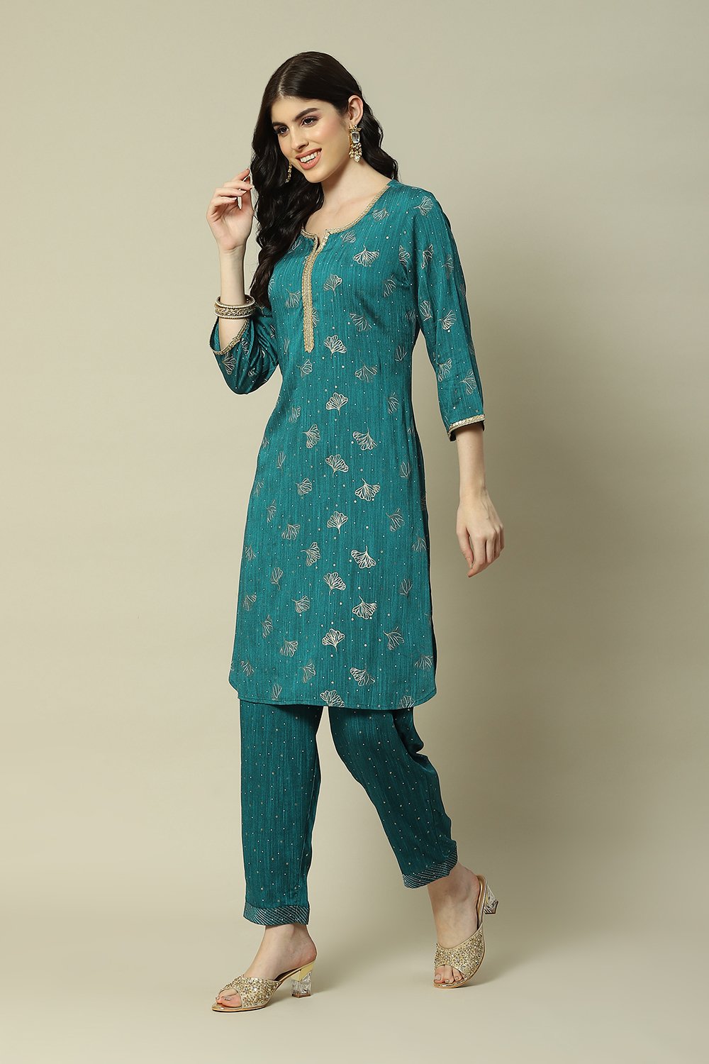 Green Poly Viscose Straight Printed Kurta Palazzo Suit Set image number 3