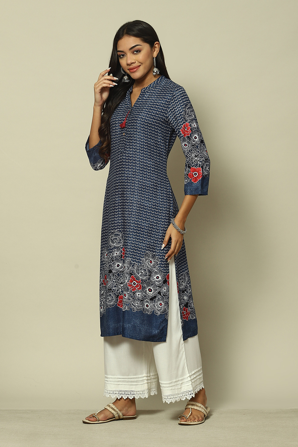 Indigo Blue LIVA Straight Printed Kurta image number 2