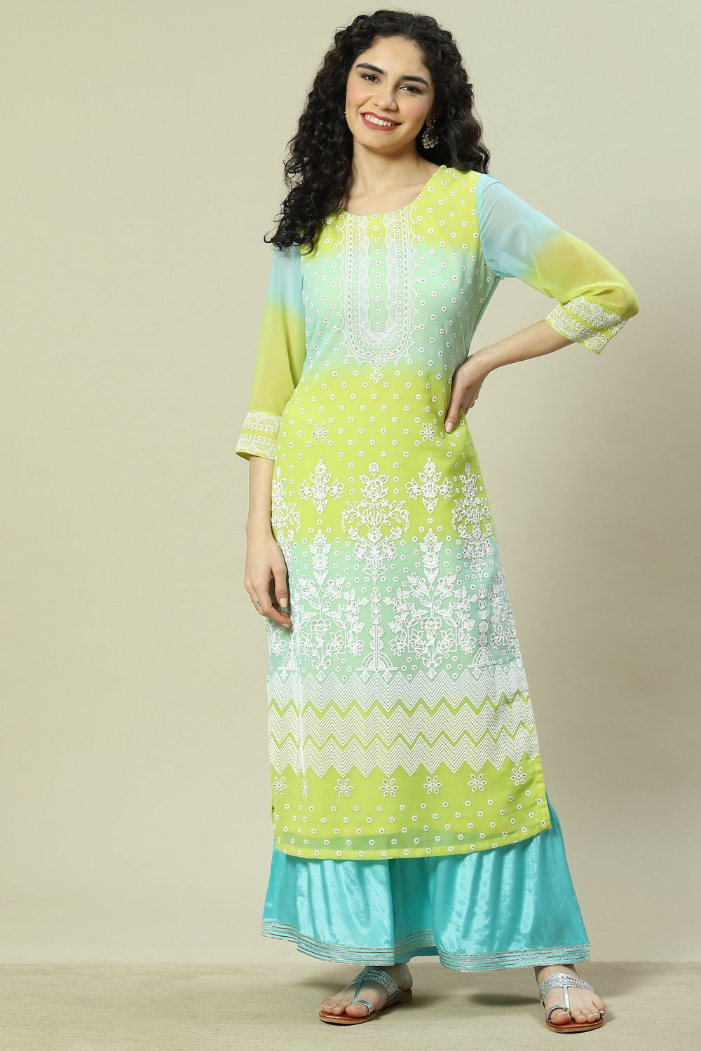 Lime Green Cotton Blend Straight Kurta image number 5