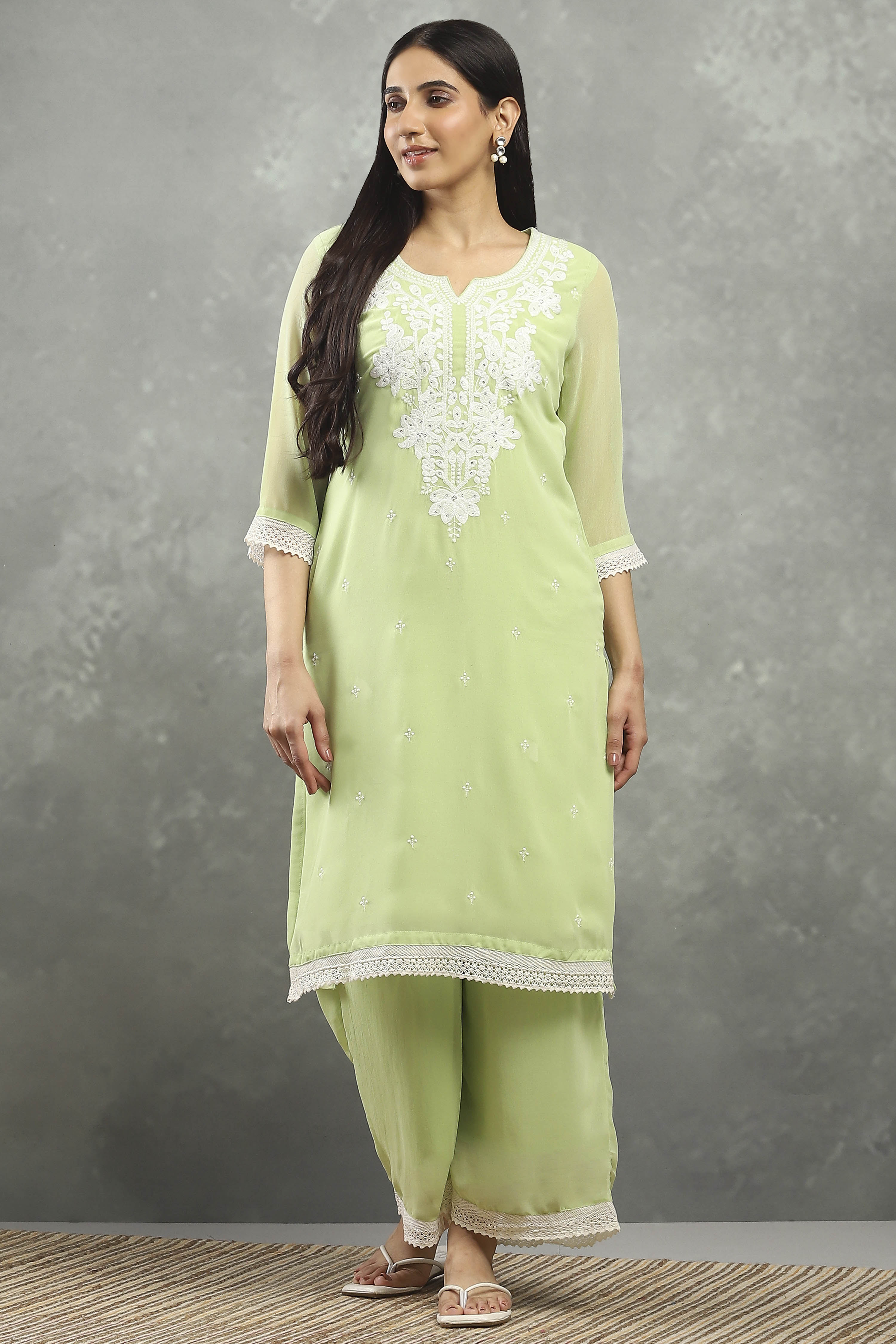 Green Polyester Straight Kurta Pants Set image number 0