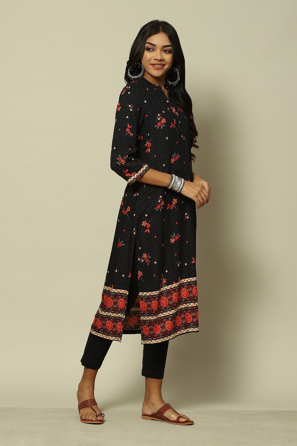 Black LIVA Straight Printed Kurta image number 3