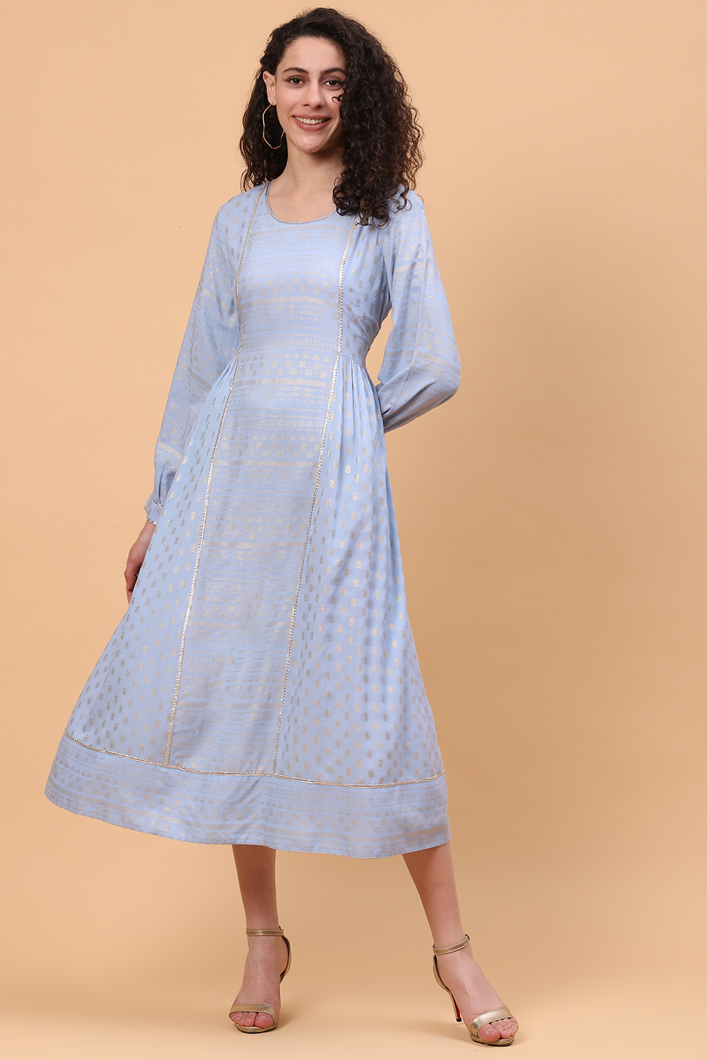 Blue Viscose Rayon Flared Dress image number 0