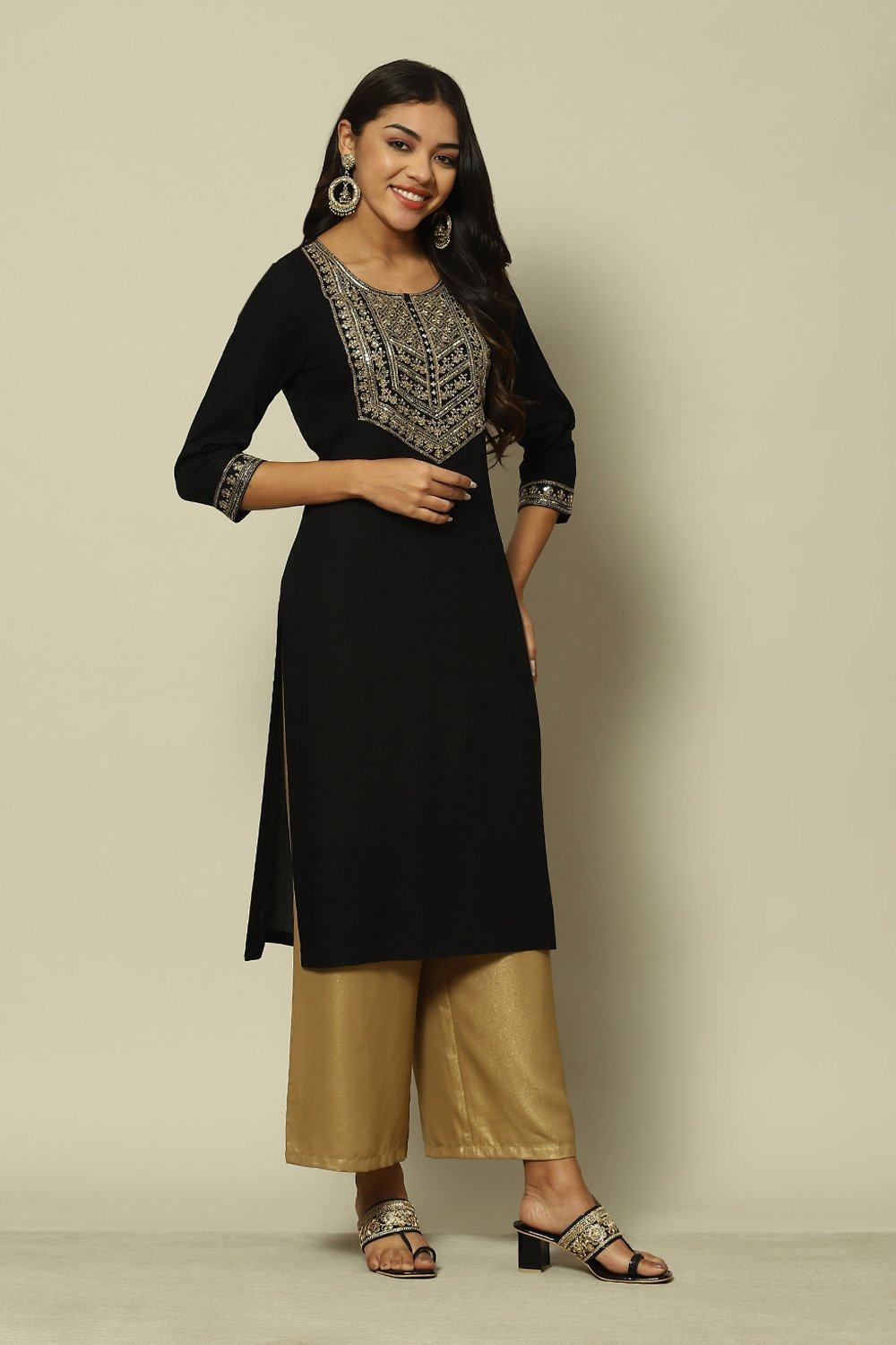 Black LIVA Straight Printed Kurta image number 3
