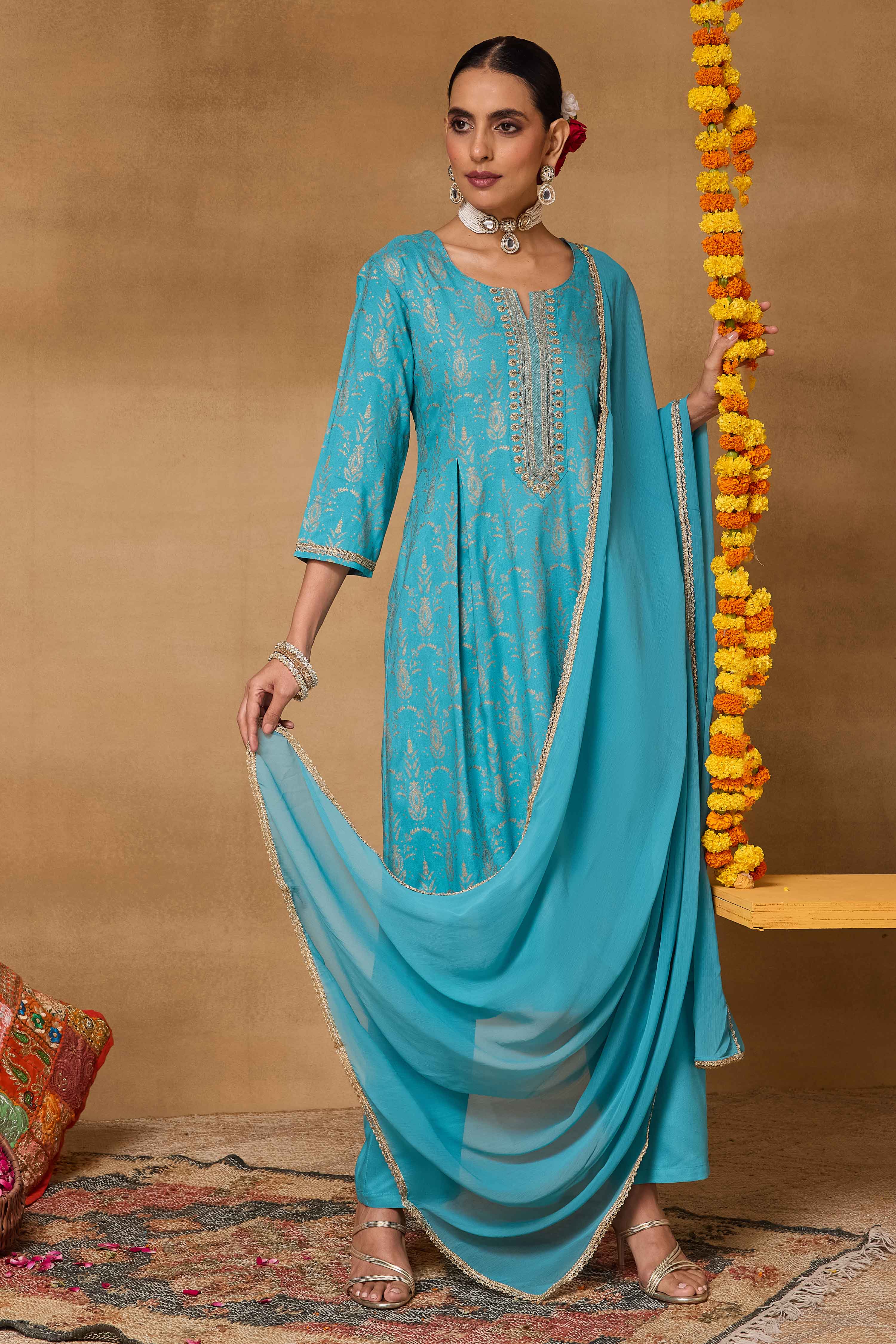 Red Viscose Rayon Straight Printed Suit Set image number 0
