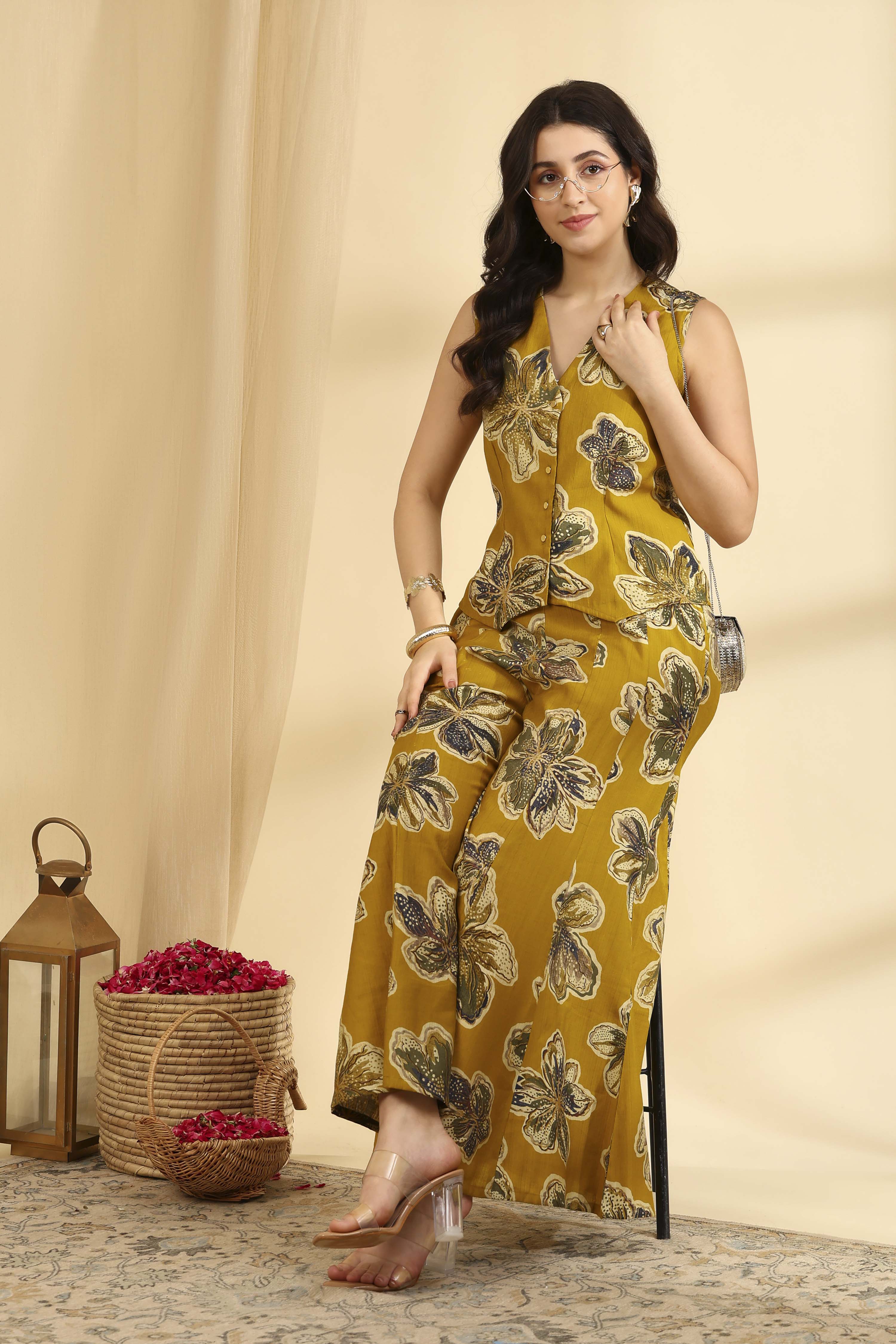 Yellow Printed Viscose Blend Co-ord Set image number 0