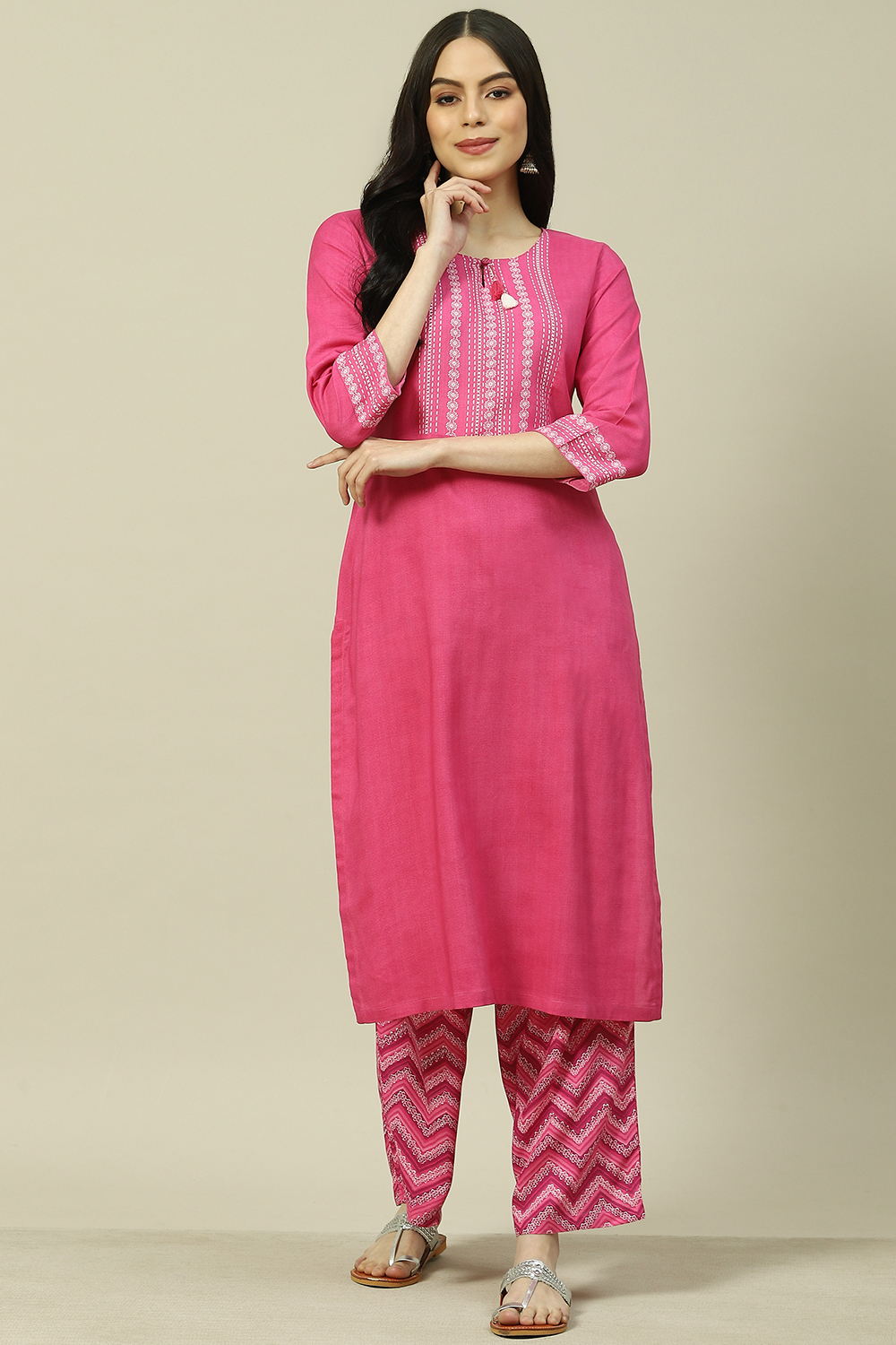 Pink Viscose Woven Straight Kurta Suit Set image number 6