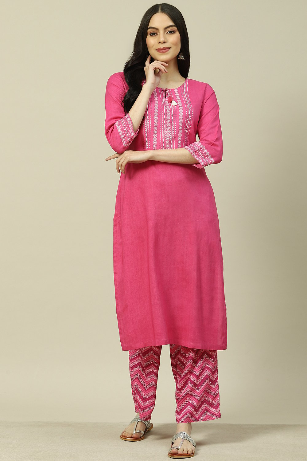 Pink LIVA Woven Straight Kurta Suit Set image number 6