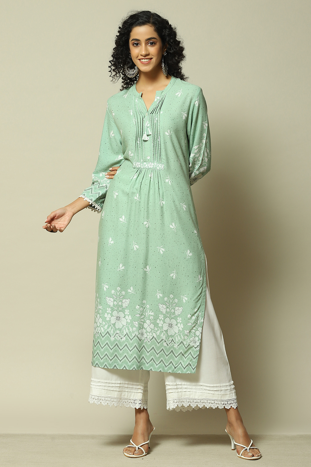 Green LIVA Straight Printed Kurta image number 5