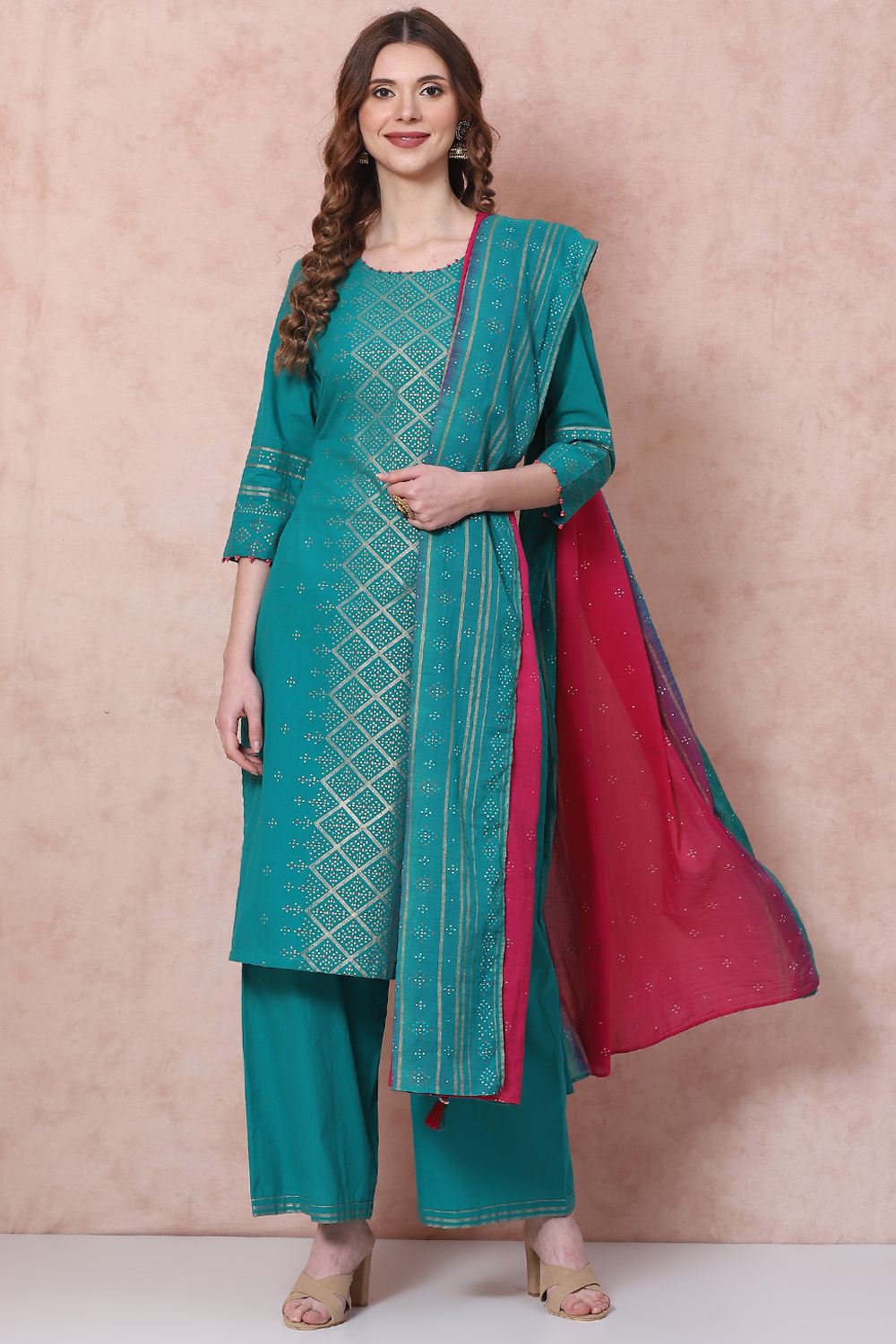 Green Cotton Flex Straight Suit Set image number 0