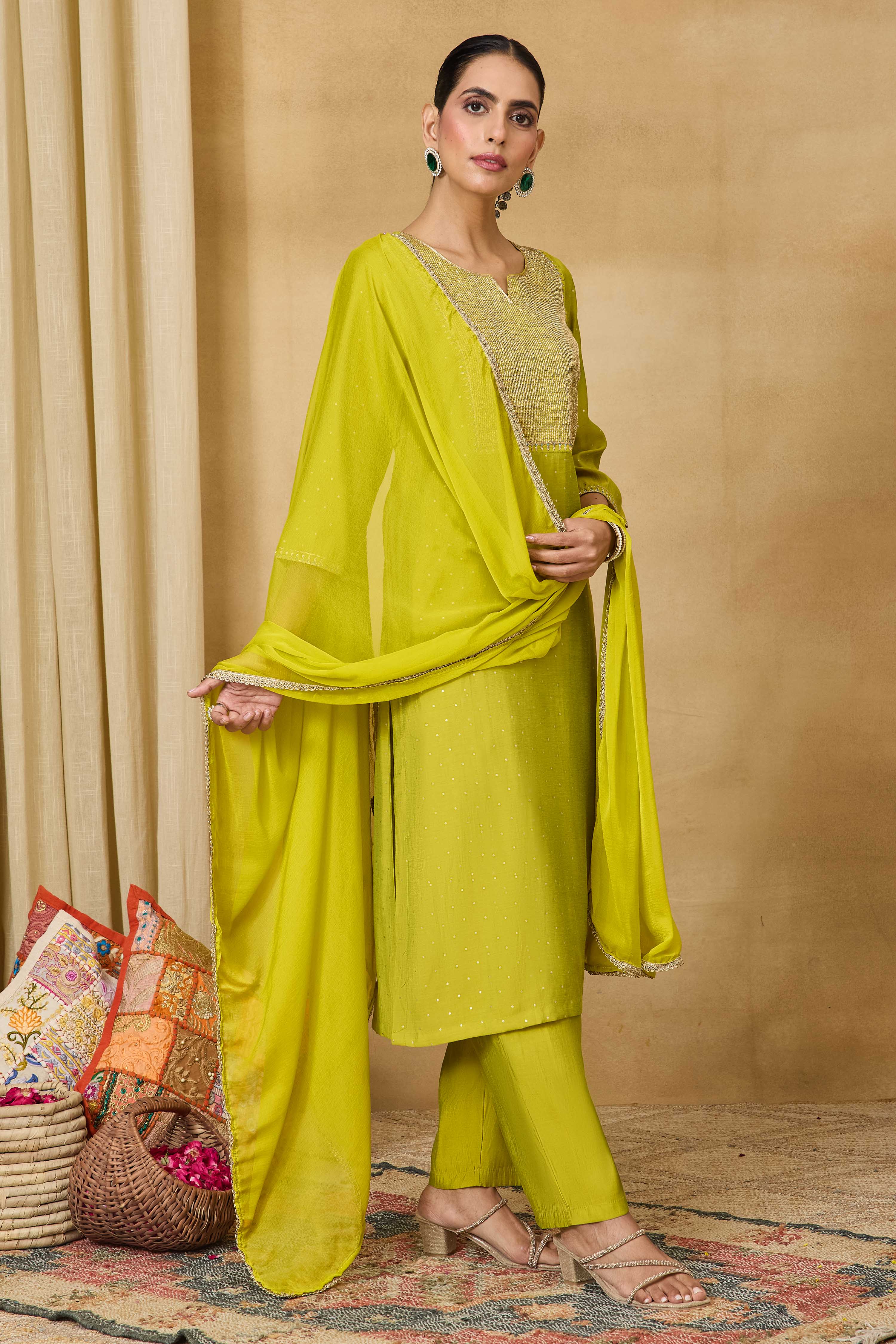 Lime Viscose Blend Straight Printed Suit Set image number 0