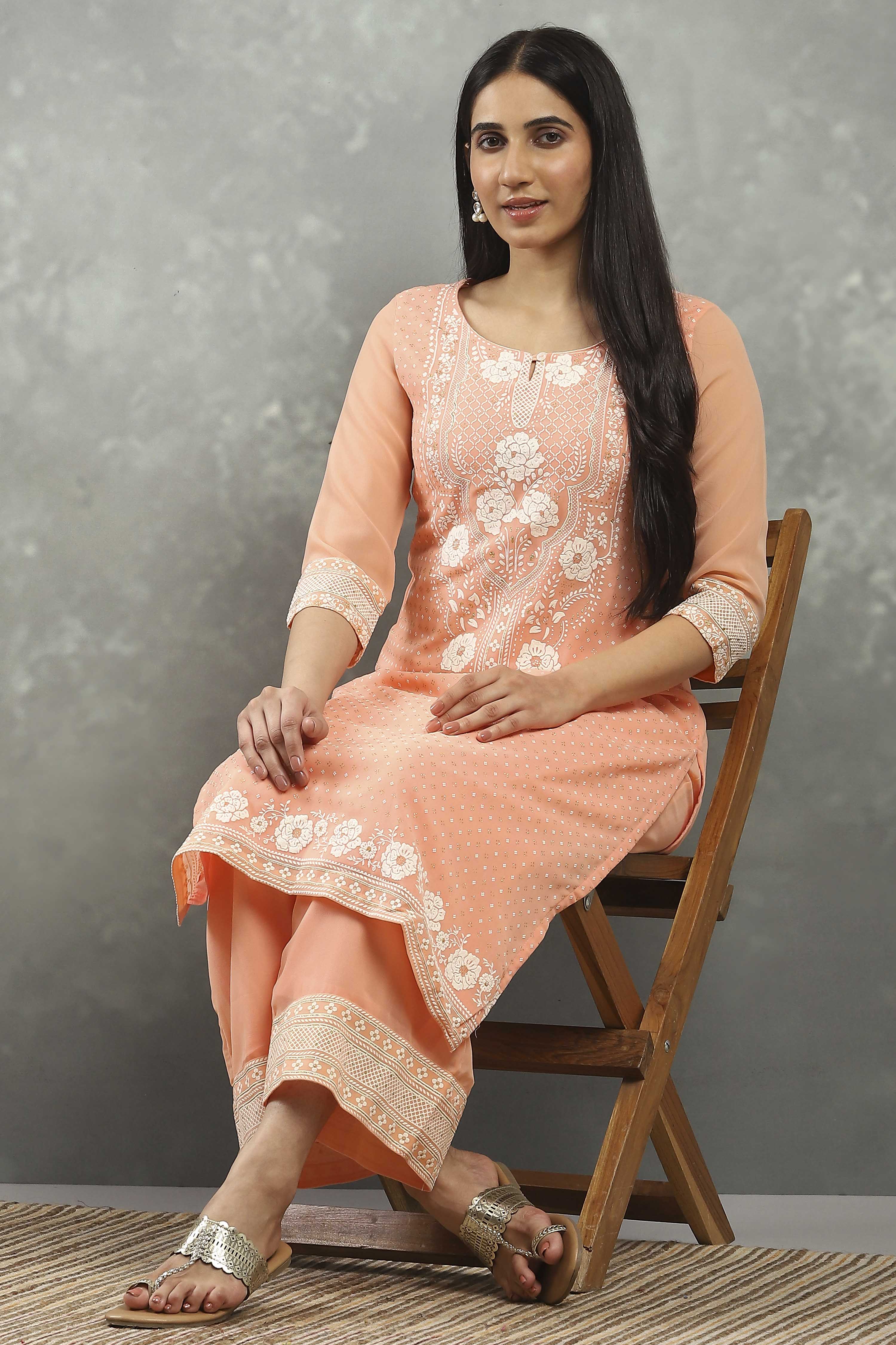 Peach Cotton Straight Kurta Pants Set image number 0