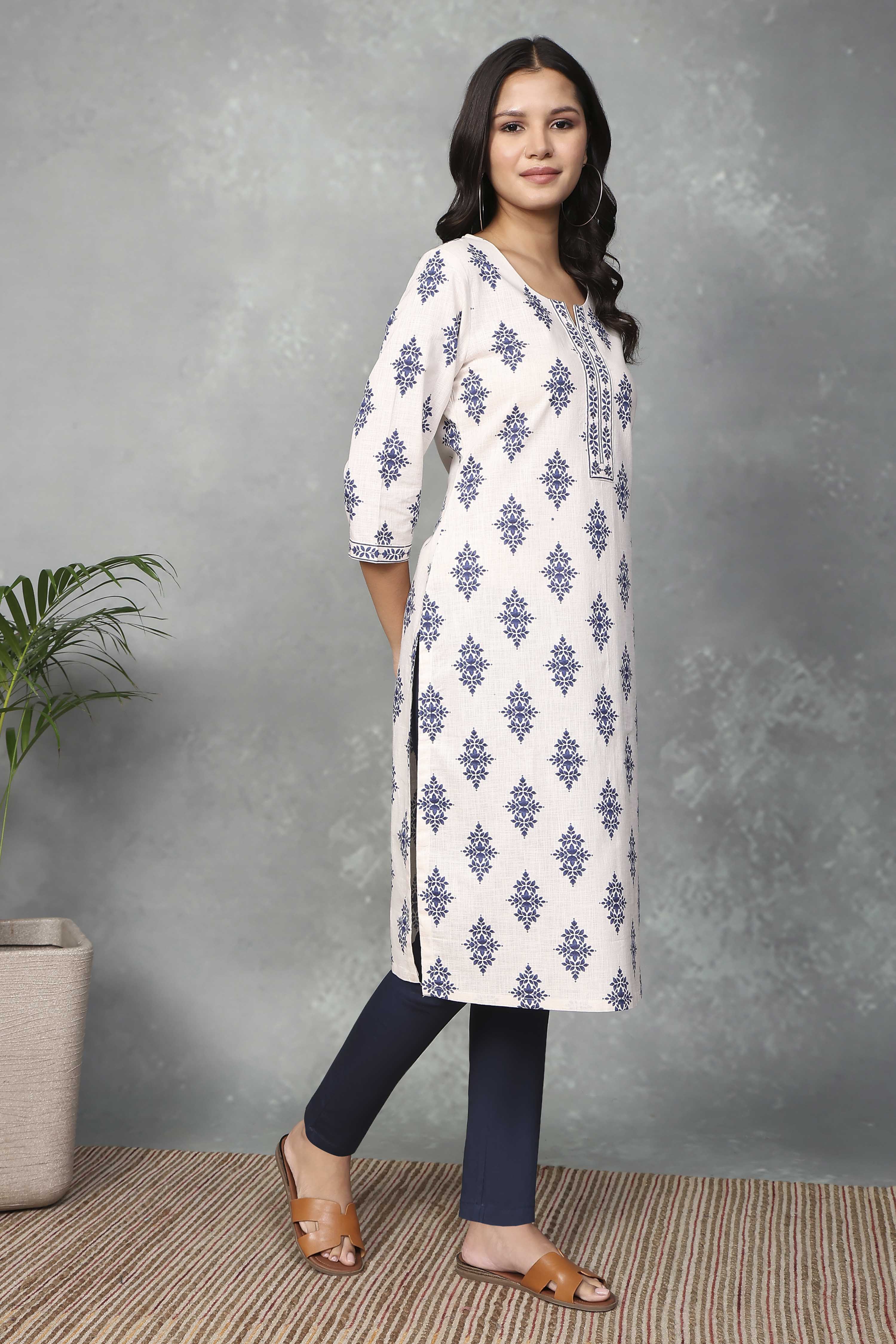 Off-White Cotton Printed Straight Kurta image number 4