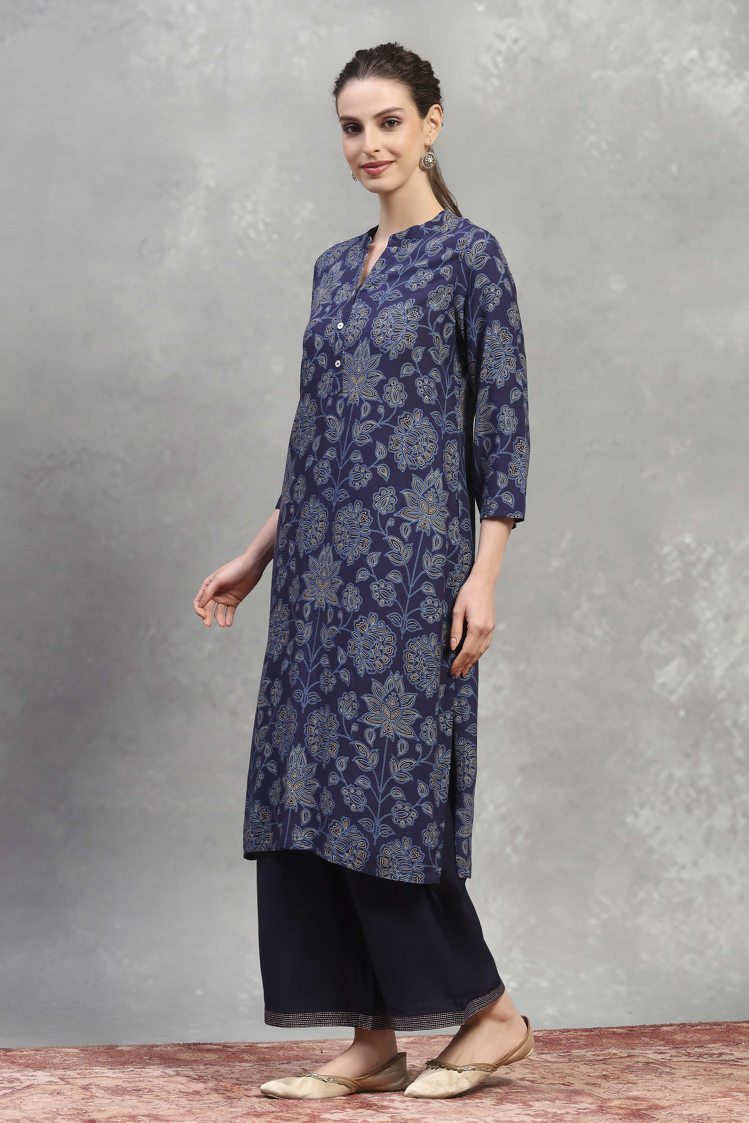 Blue Viscose Rayon Printed Straight Kurta image number 2