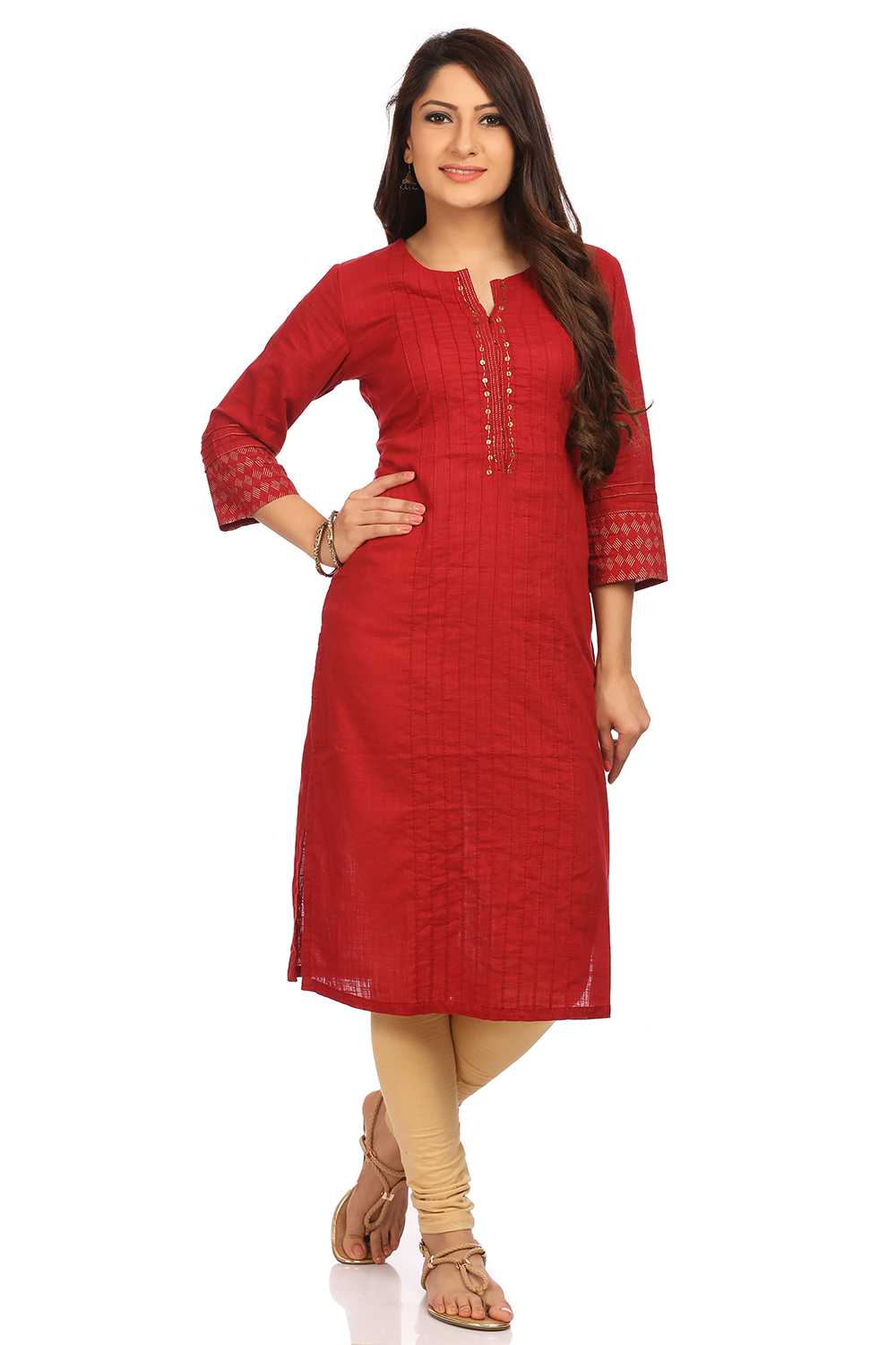 Red Straight Cotton Kurta image number 0