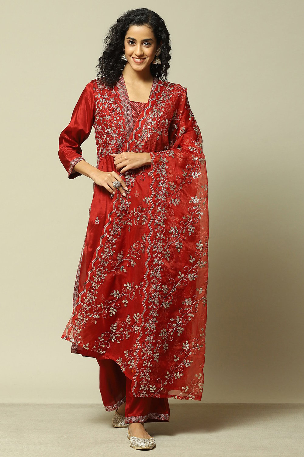 Rust Viscose Gathered Embroidered Kurta Palazzo Suit Set image number 7