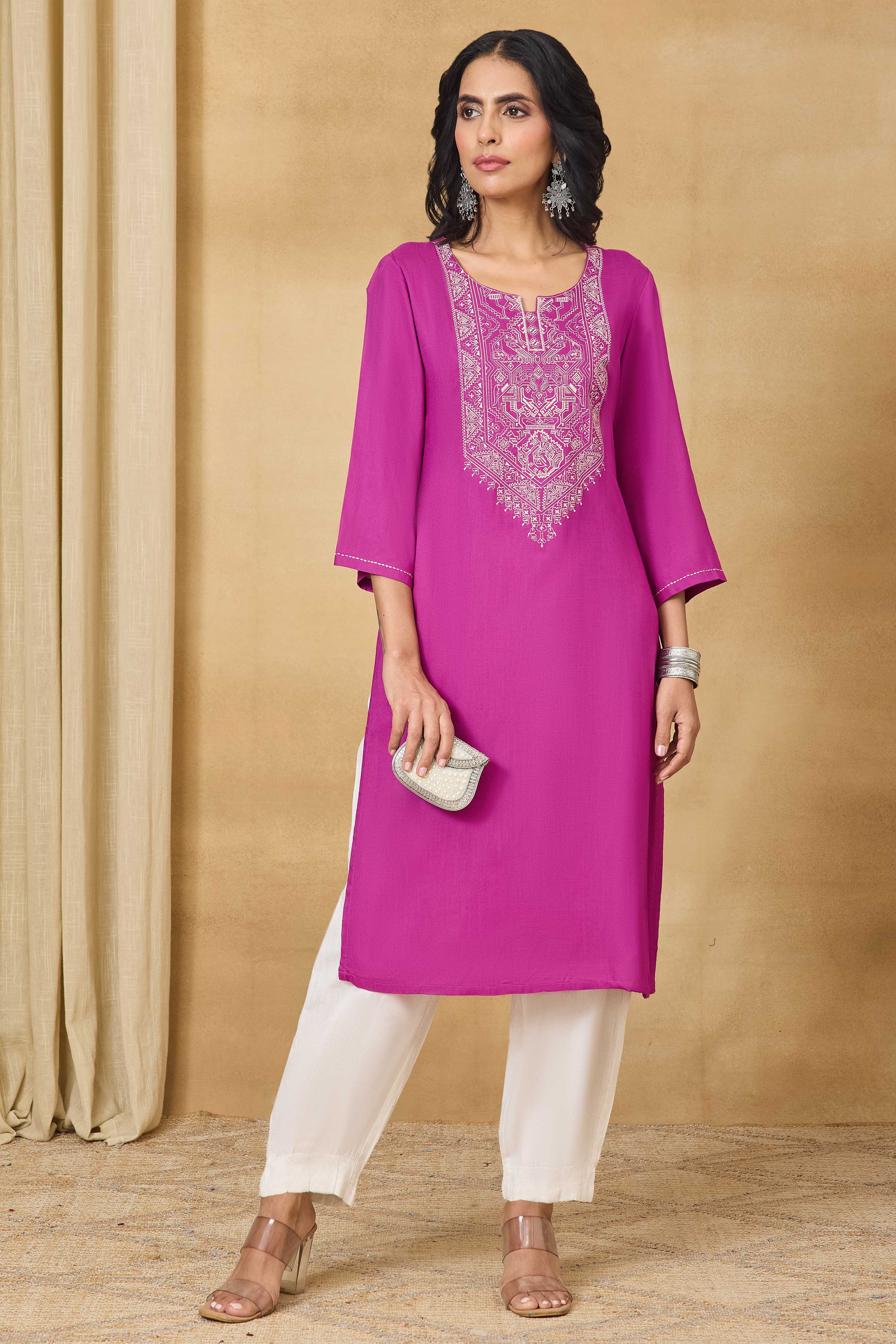Pink Viscose Rayon Straight Solid Kurta image number 0
