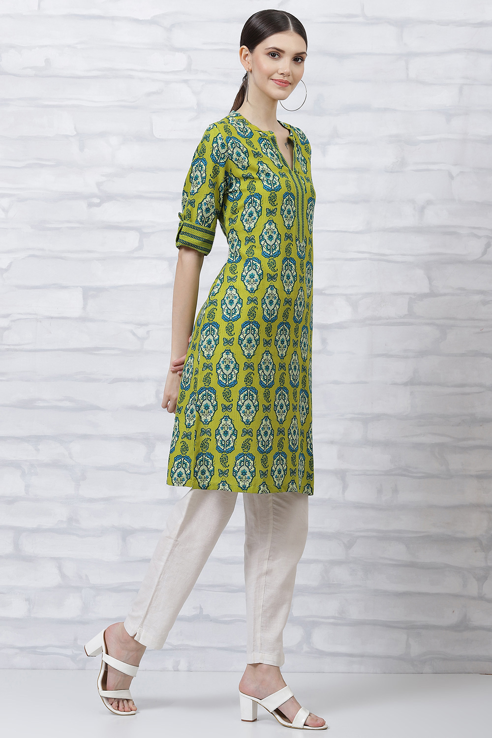 Lime Green LIVA Straight Kurta image number 3