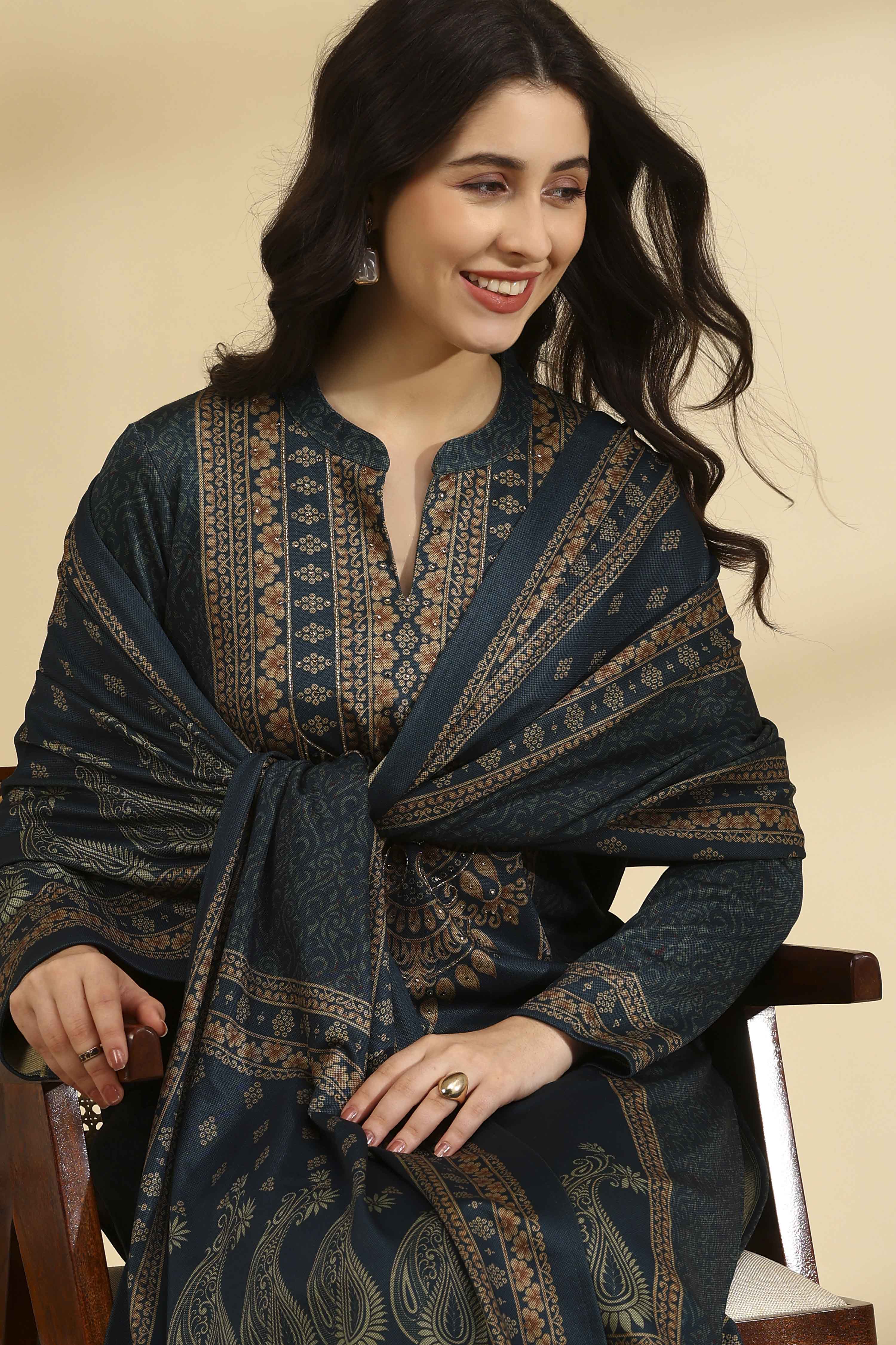 Teal Polyester Straight Printed Suit Set image number 1