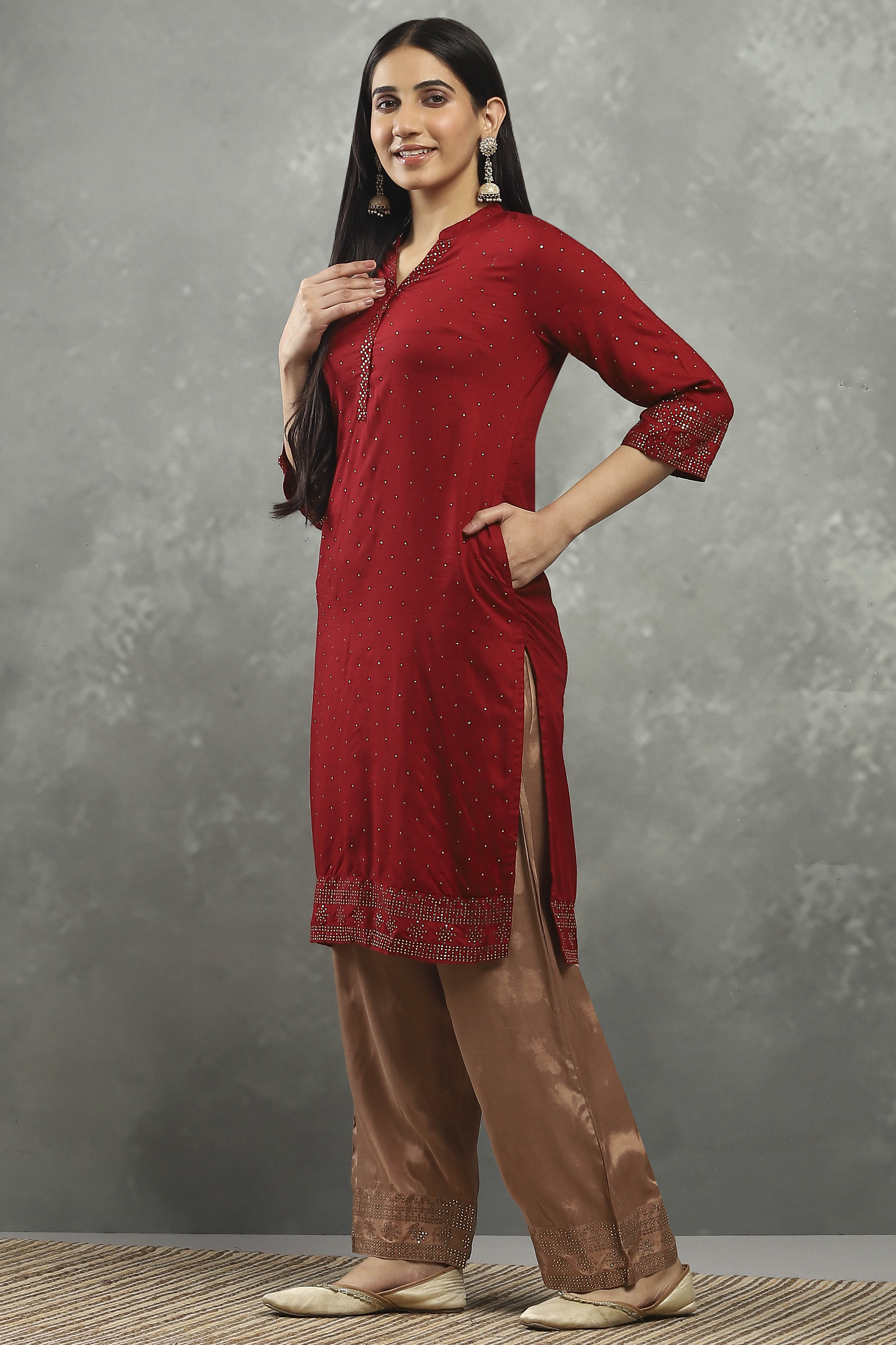 Maroon Viscose Straight Kurta Pants Set image number 3