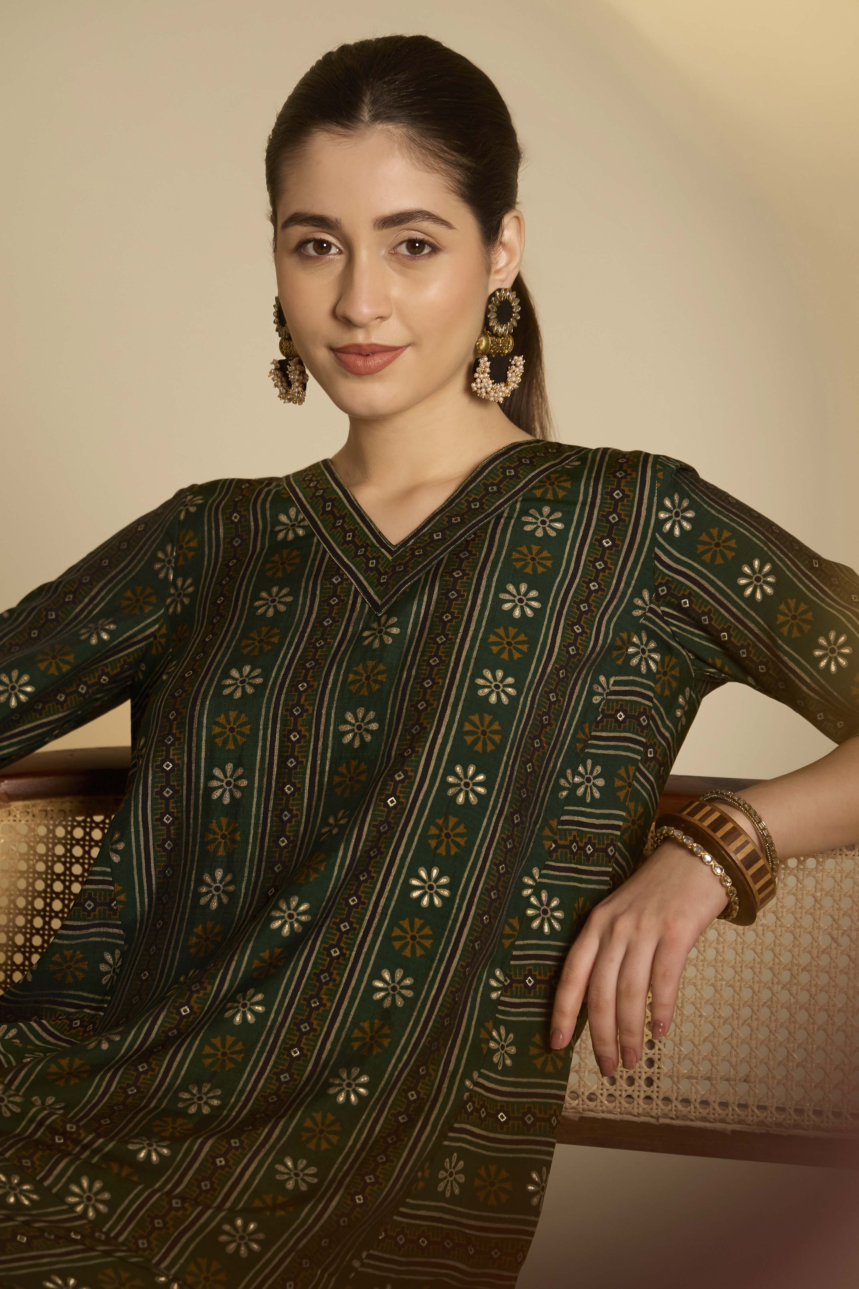 Green Viscose Blend Asymmetric Printed  image number 1