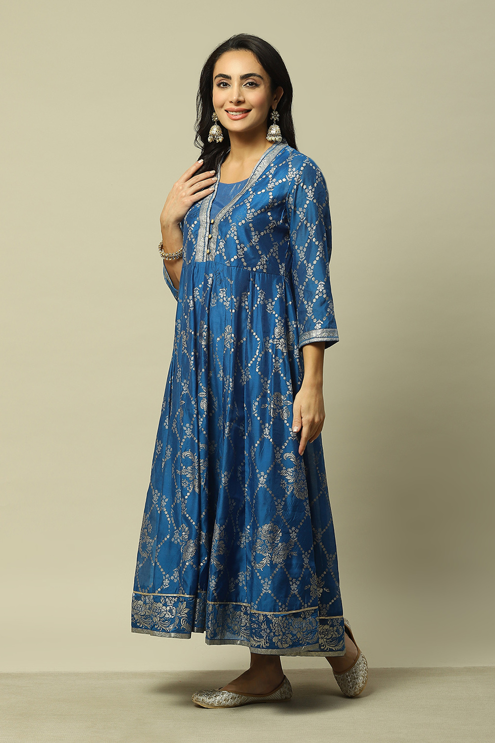 Blue Viscose Asymmetric Printed Dress image number 2