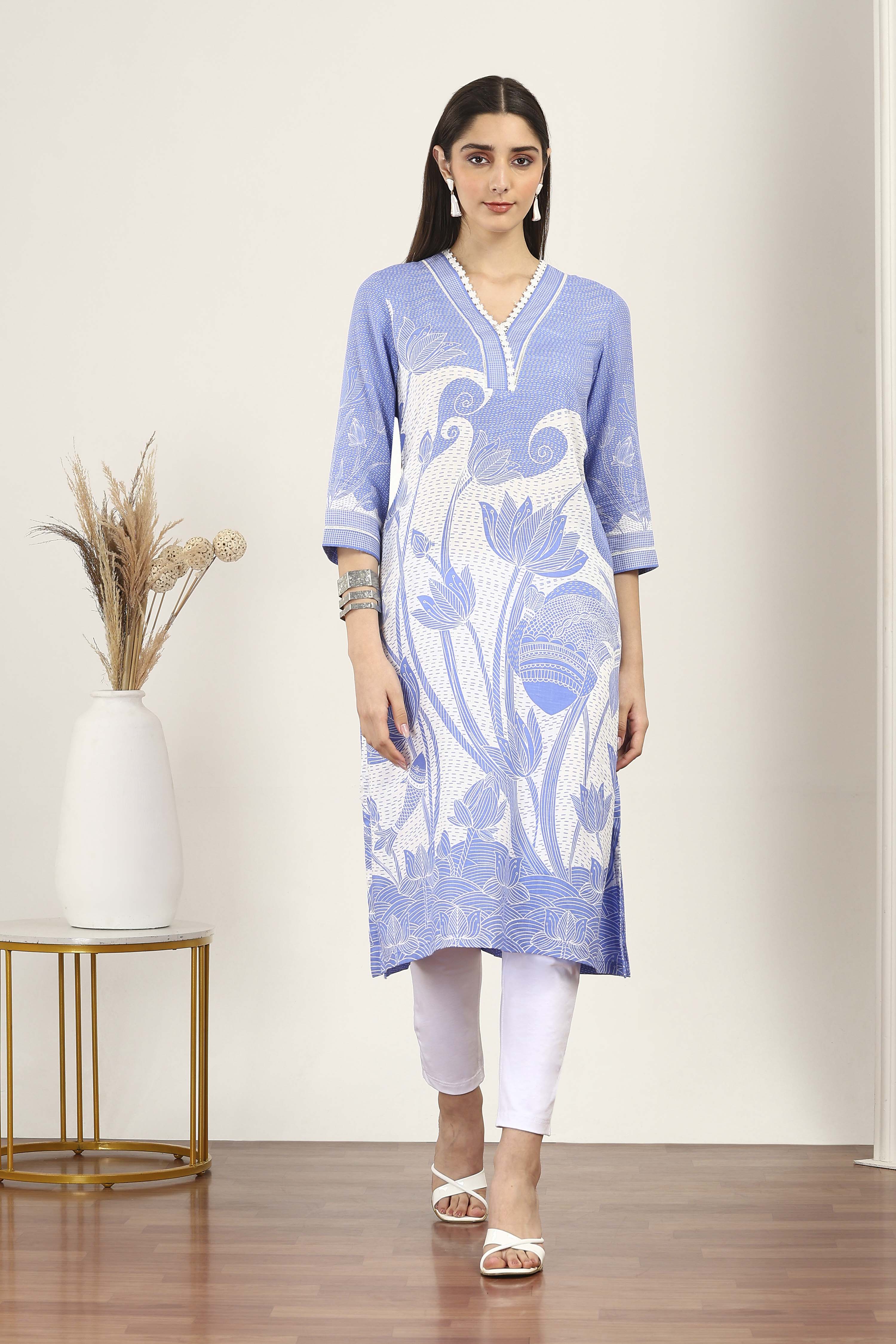Blue Rayon A-line & Kalidar Kurtas image number 5