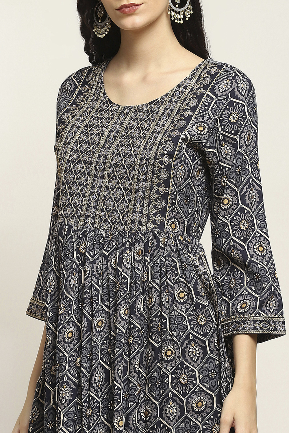 Navy Viscose Rayon Printed Gathered Suit Set image number 1