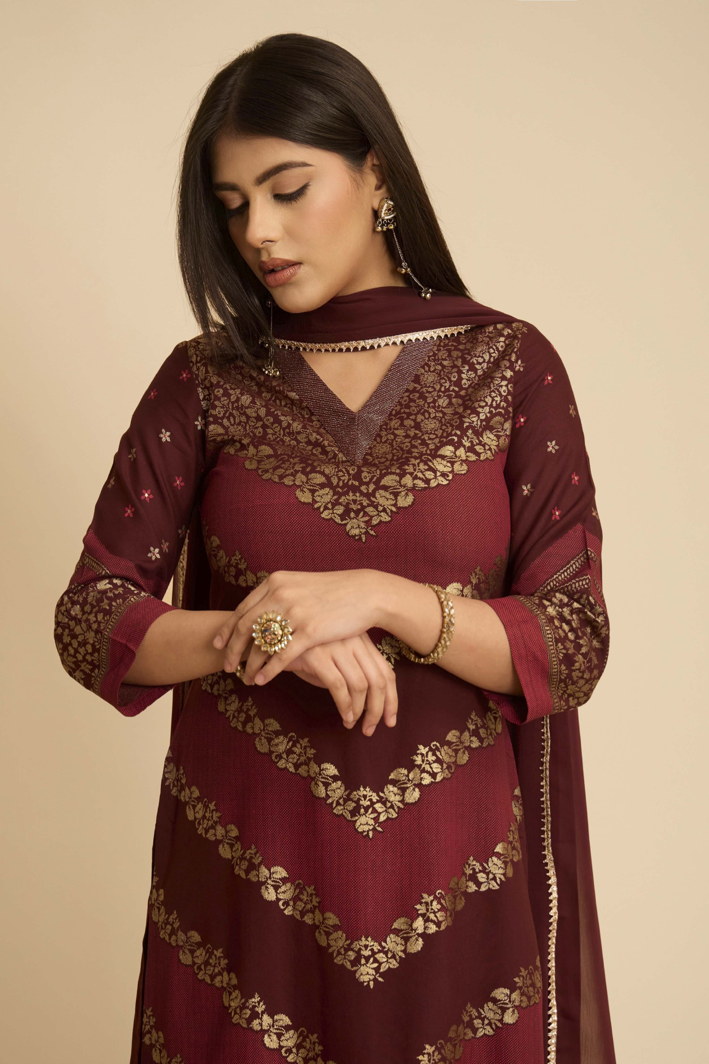 Brown Viscose Rayon Straight Printed Suit Set image number 1